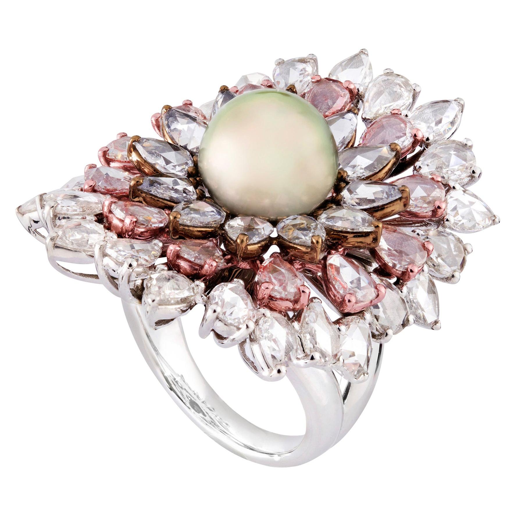 Natural Pacific Pearl with Diamonds Ring For Sale