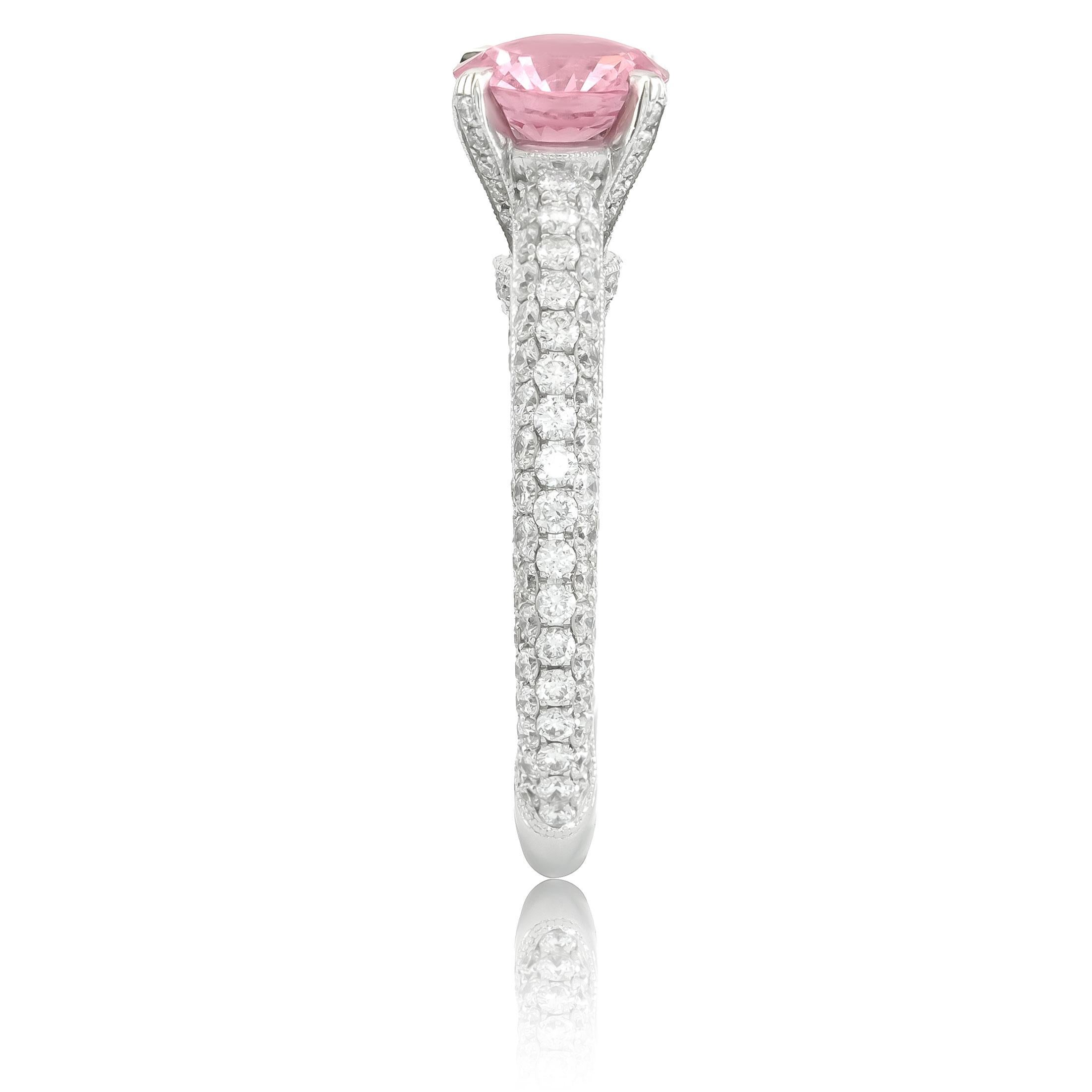 Contemporary Natural Padparadscha Sapphire Stone 1.43 cts in 18KWG Ring with Dia / GRS Report For Sale