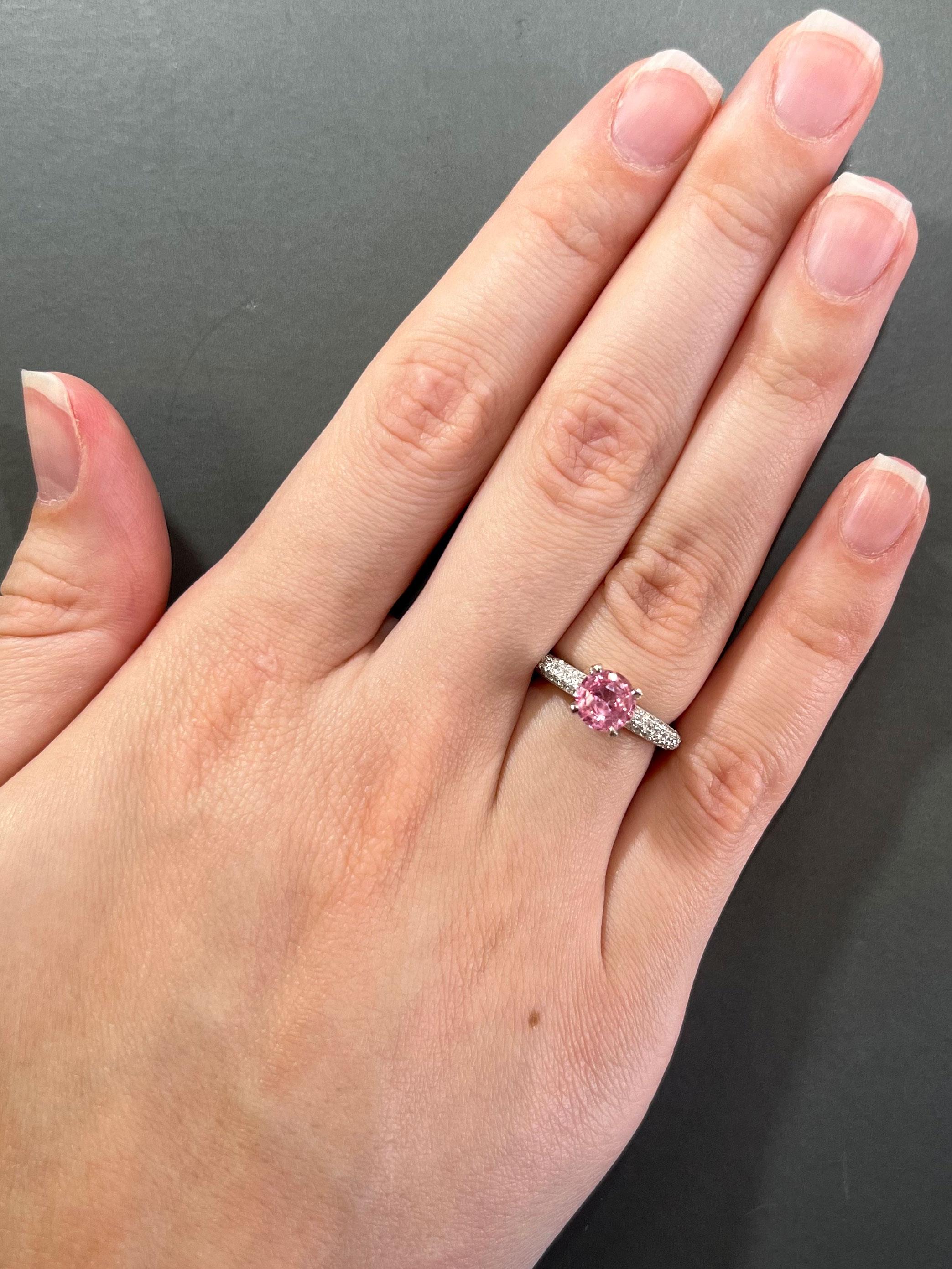 Natural Padparadscha Sapphire Stone 1.43 cts in 18KWG Ring with Dia / GRS Report In New Condition For Sale In Los Angeles, CA