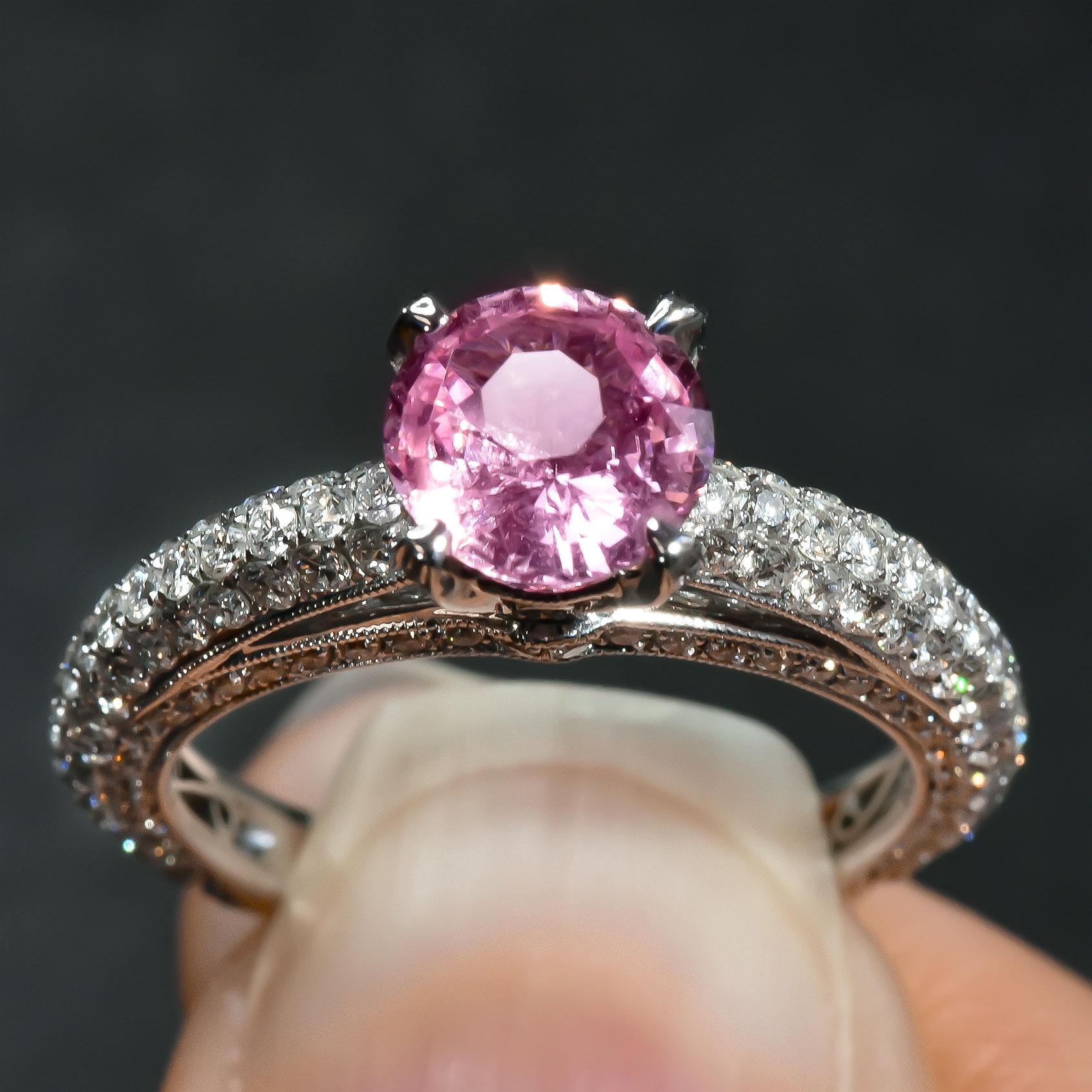 Women's Natural Padparadscha Sapphire Stone 1.43 cts in 18KWG Ring with Dia / GRS Report For Sale