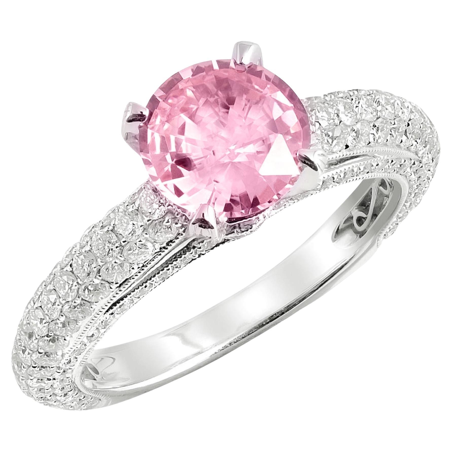 Natural Padparadscha Sapphire Stone 1.43 cts in 18KWG Ring with Dia / GRS Report