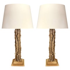 Natural Pair Carved Wood Column Organic Shaped Lamps, Thailand, Mid Century