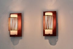 Natural pair of Rattan, Teak and Opaline Glass Wall lights