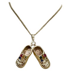 Natural Pair of Shoe Charms with Precious Stone Necklace in 14K Yellow Gold