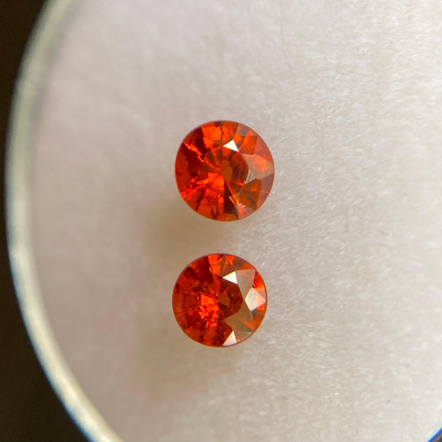Natural Pair Of Vivid Orange Spessartine Garnets.

Gems approx 0.7-0.8 carat but will vary.

Sizes 4mm with +/- tolerance of approx 0.2mm.

All have an an excellent round brilliant cut and very good to excellent clarity. All with excellent polish to