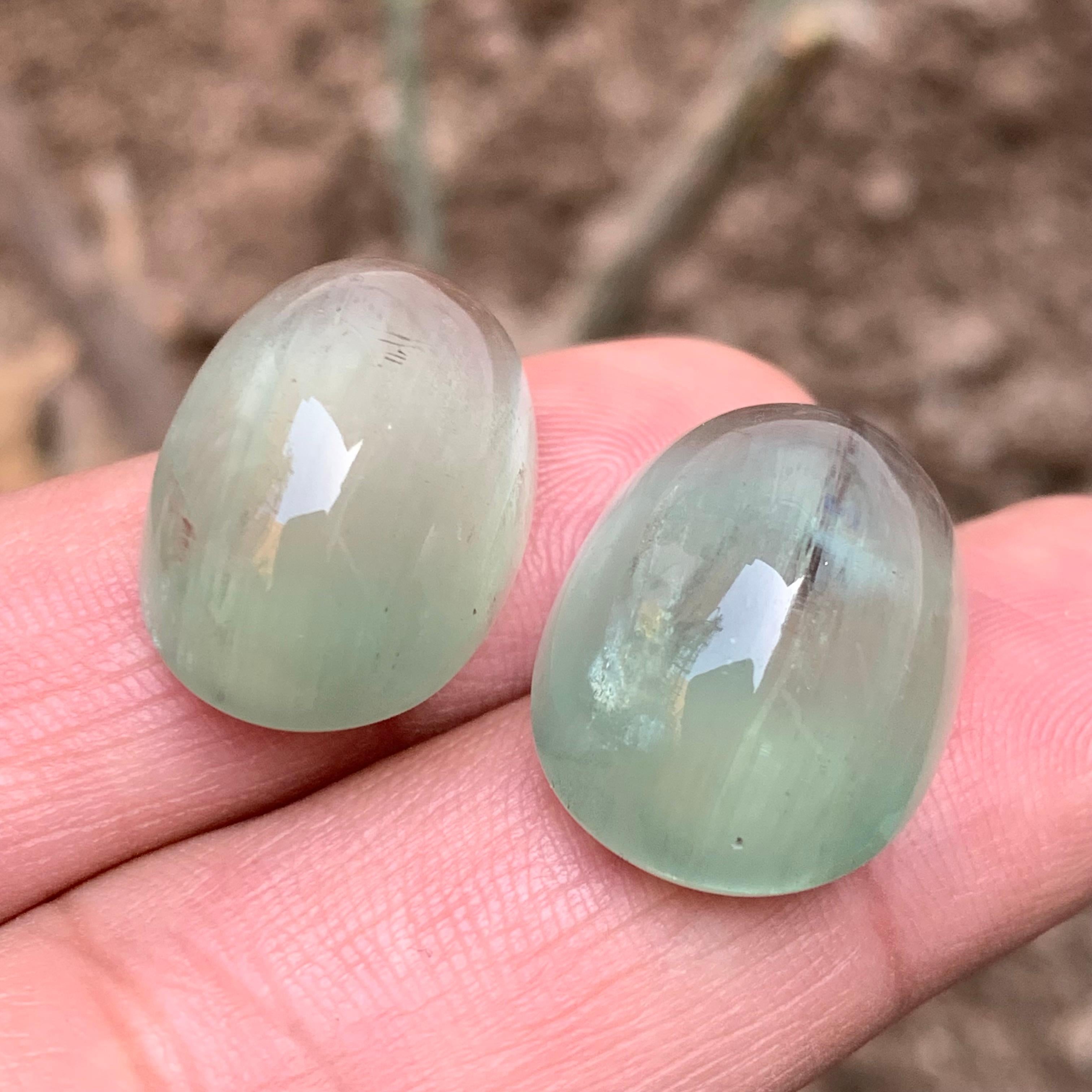Women's or Men's Natural Pale Green Beryl Earrings, Pendant Loose Gemstone Cabochon Set 60.75 Ct For Sale