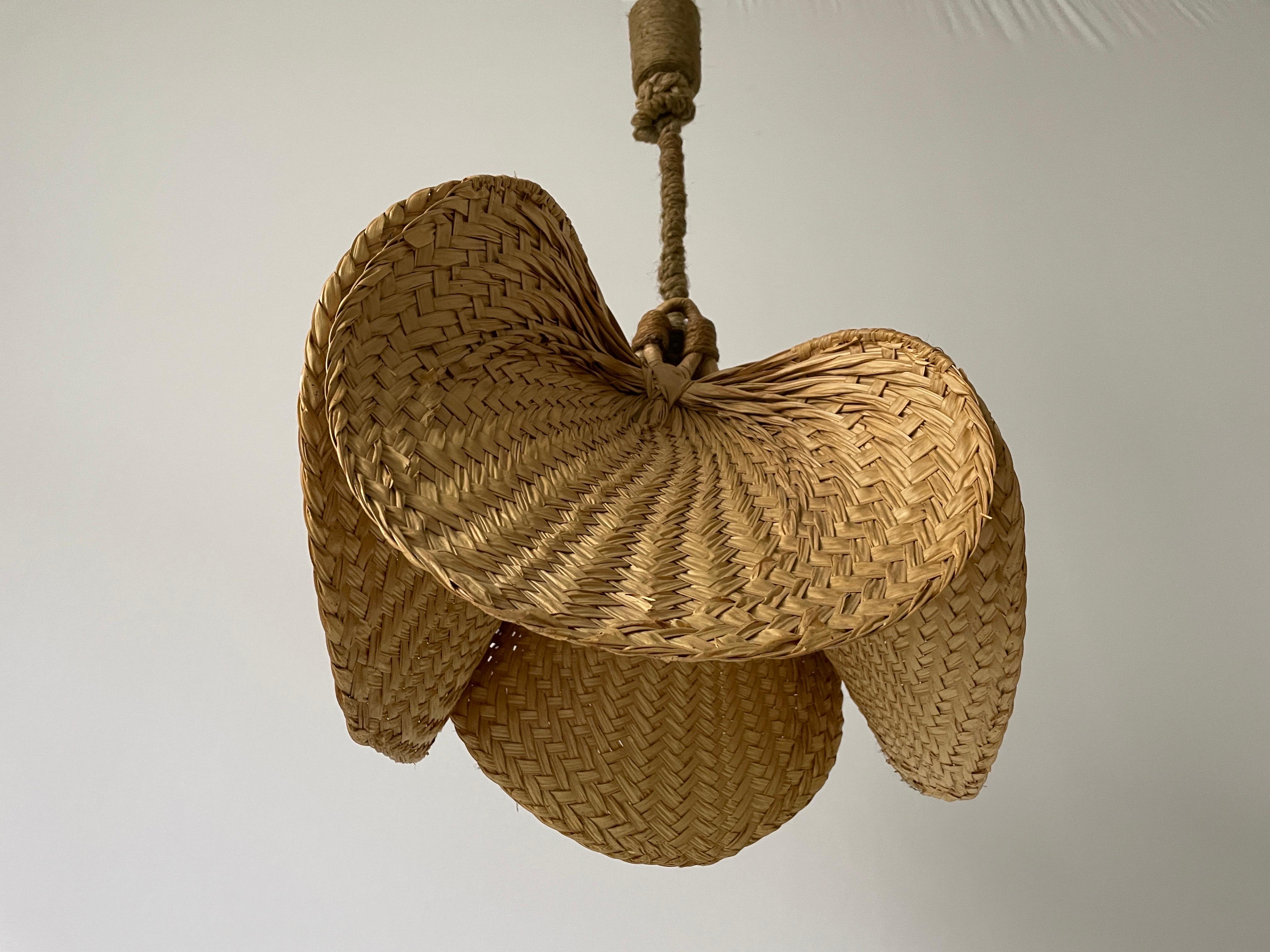 Vimini Lampada a sospensione grande in vimini con design a foglie di palma naturale, anni '60, Germania in vendita