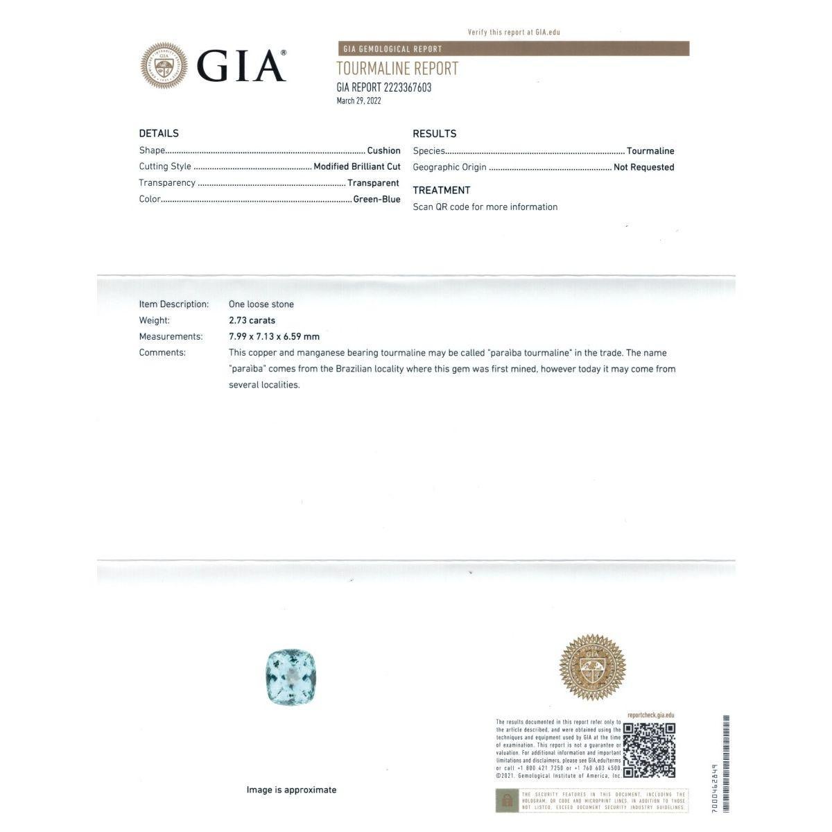 Taille mixte Natural Paraiba Tourmaline Stone 2.73cts in 14K White Gold Ring w Dia/GIA Report en vente