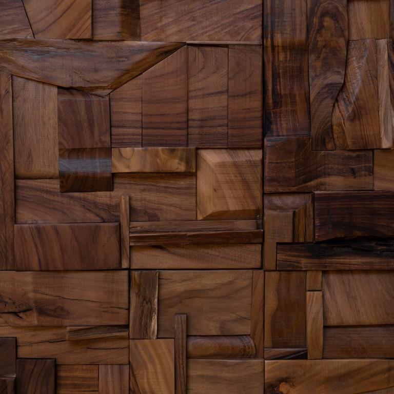 These collage tiles are composed randomly from recycled wood remnants and when installed bathe any space with a warm feeling and texture which is meditative, sanded to a soft finish and protected with lacquer and wax. The works convey an energized