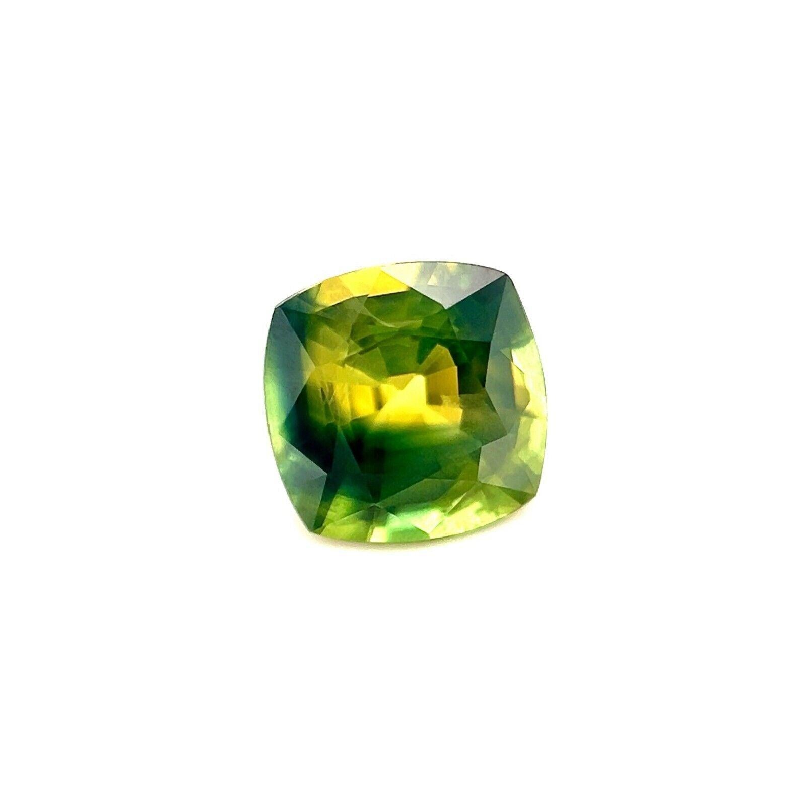 Natural Parti Bi Colour Sapphire 1.17ct Cushion Cut Australian Blue Green Yellow

Natural Australian Blue Green Yellow Parti-Colour Sapphire Gemstone.
1.17 Carat with a unique bluegreen-yellow parti colour effect and very good clarity, a clean stone