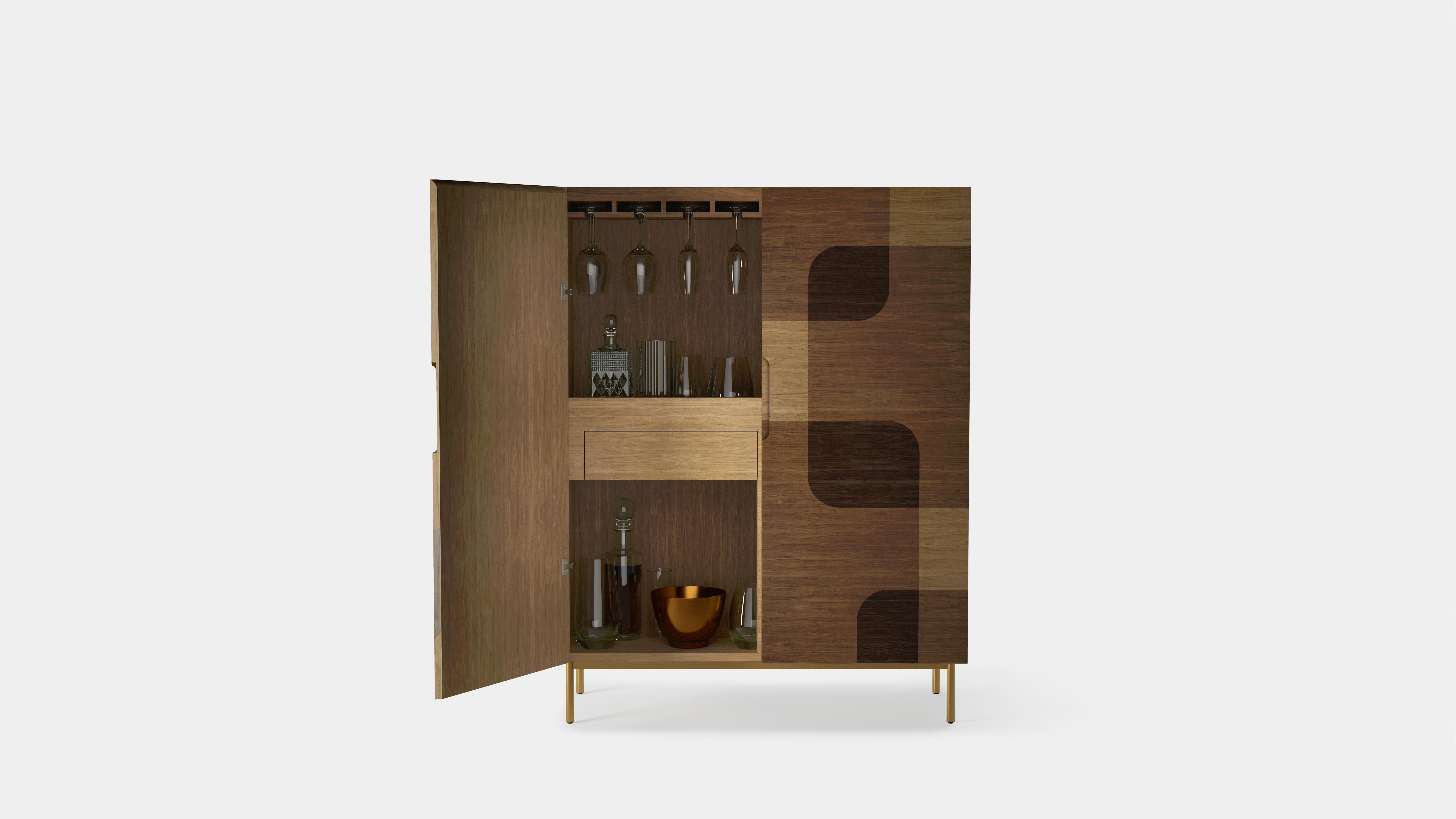 Mexican Bodega Bar Cabinet, Cupboard in Warm Wood Marquetry Veneer by Joel Escalona For Sale