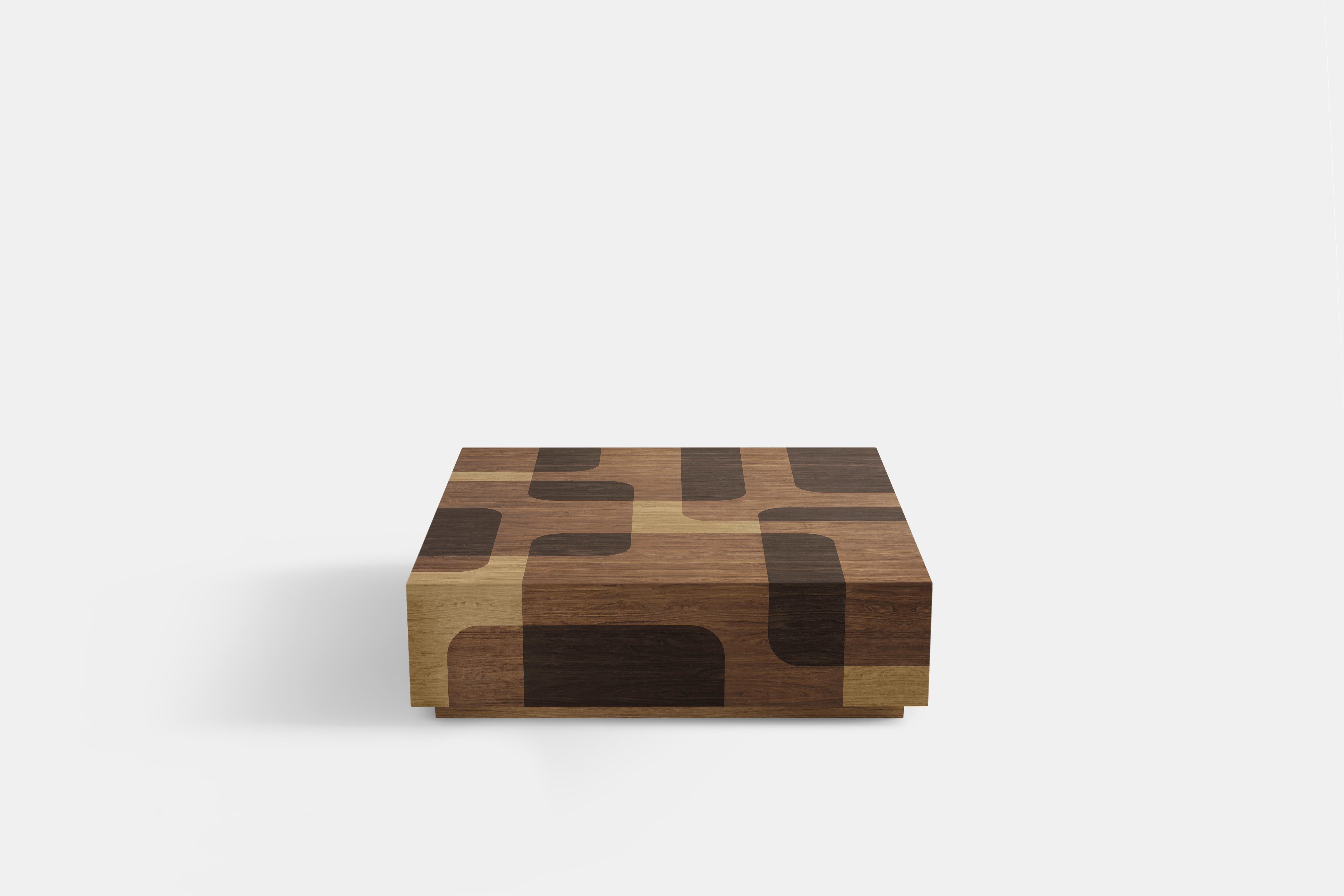 Mexican Bodega Square Coffee Table, in Warm Wood Marquetry Veneer Table by Joel Escalona For Sale