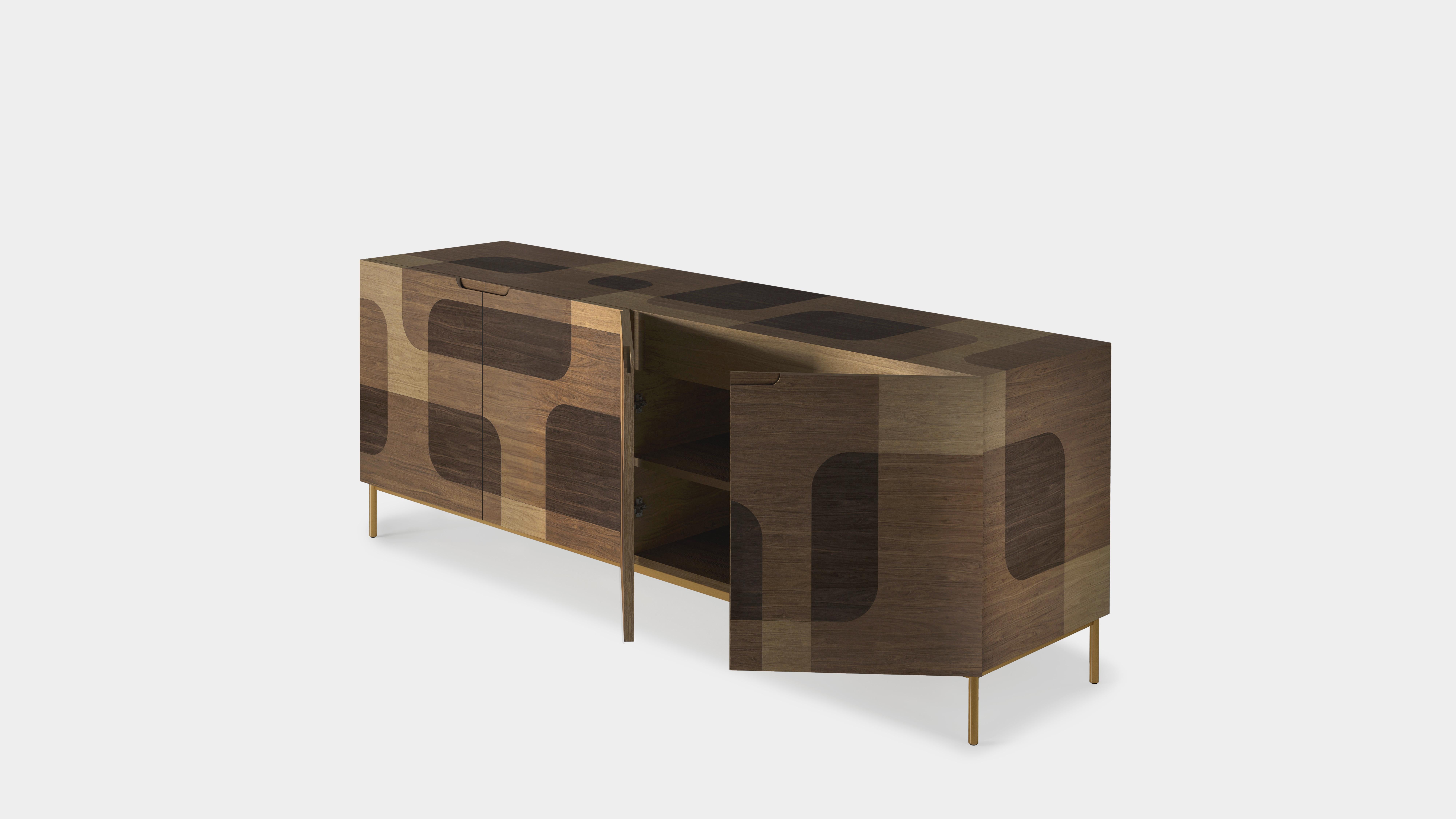 Mid-Century Modern Bodega Sideboard, Credenza, Console, Warm Wood Marquetry Veneer by Joel Escalona For Sale