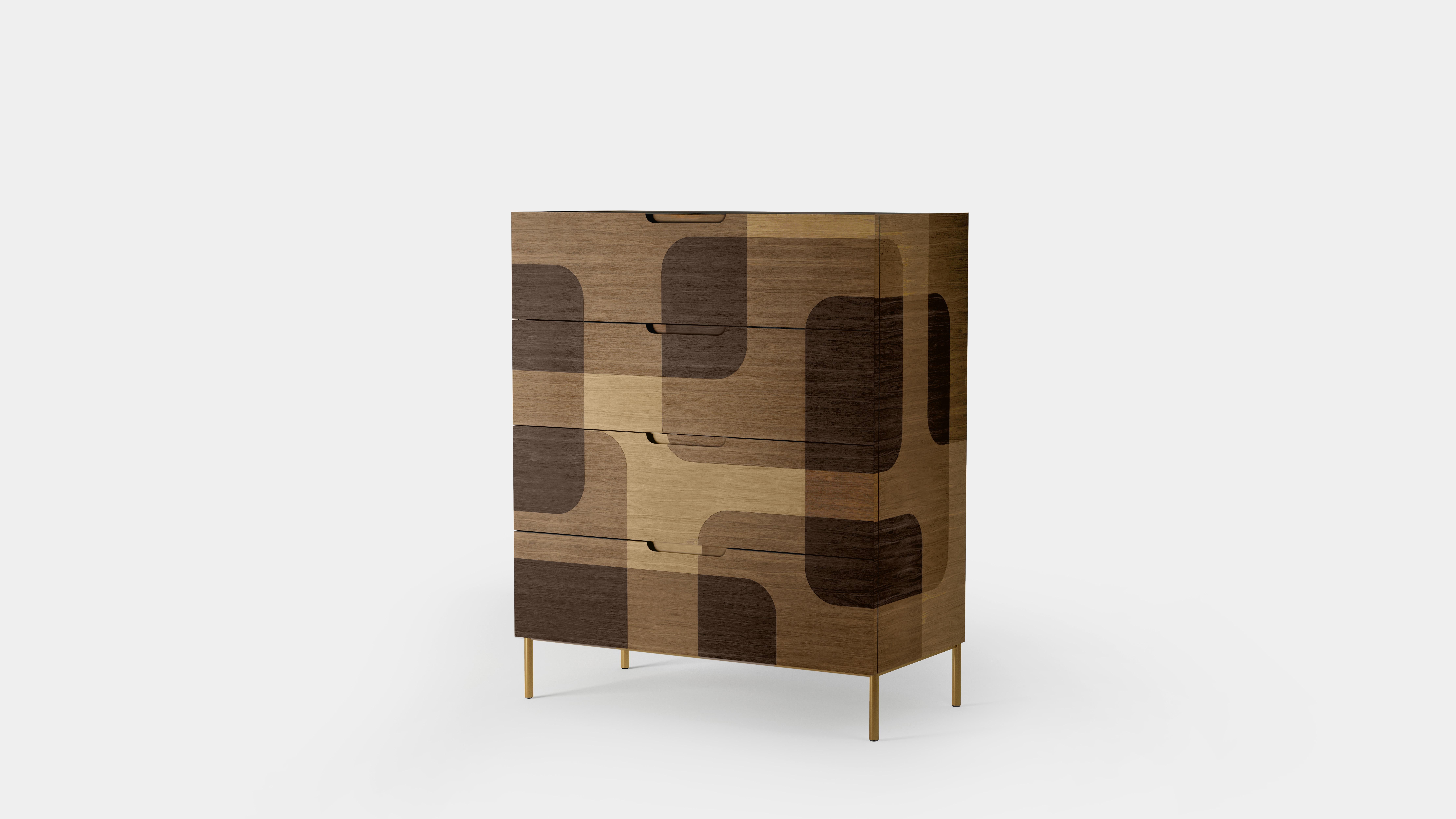 Mexican Bodega Dresser, Chest of Drawers in Warm Wood Marquetry Veneer by Joel Escalona For Sale