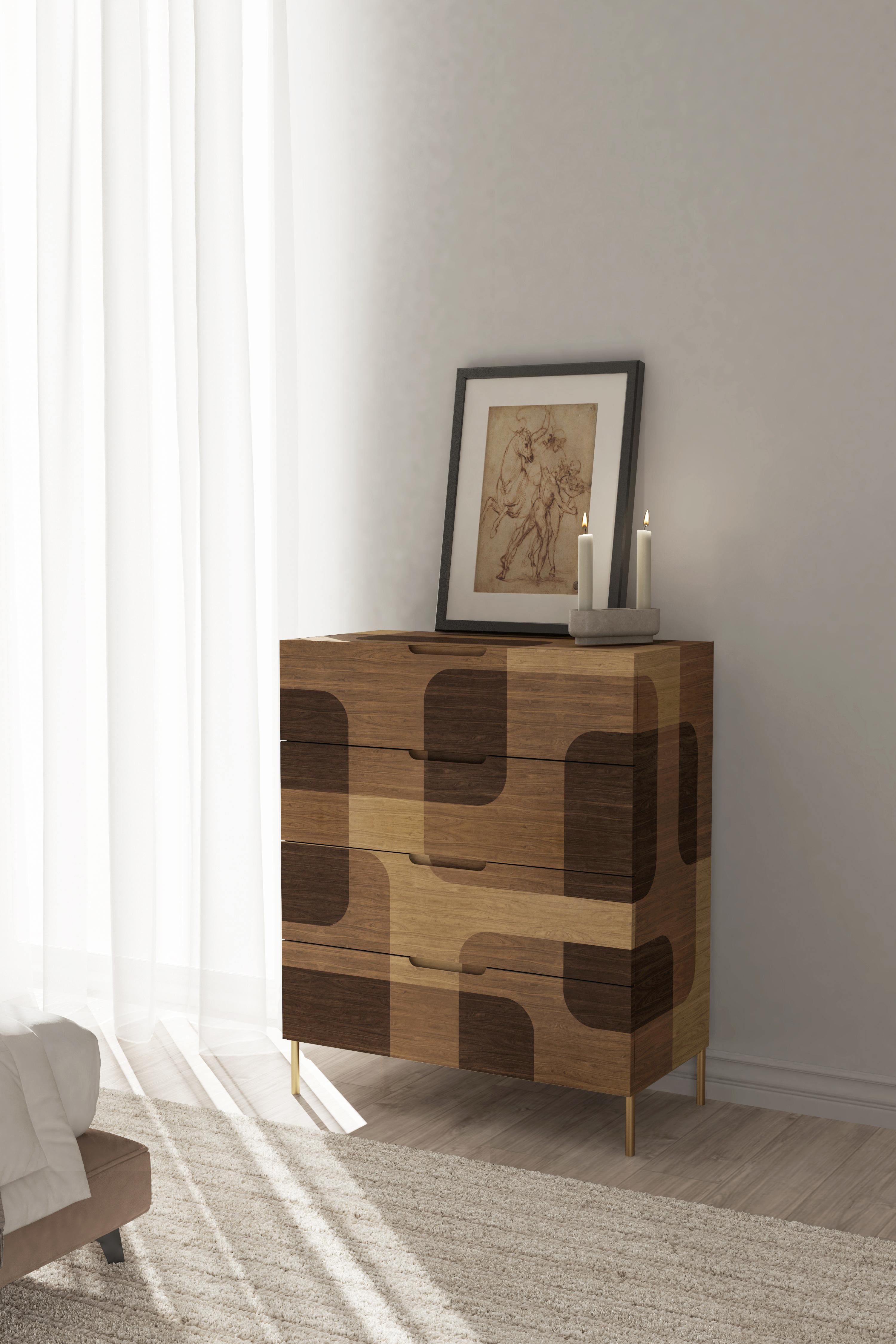 Contemporary Bodega Dresser, Chest of Drawers in Warm Wood Marquetry Veneer by Joel Escalona For Sale