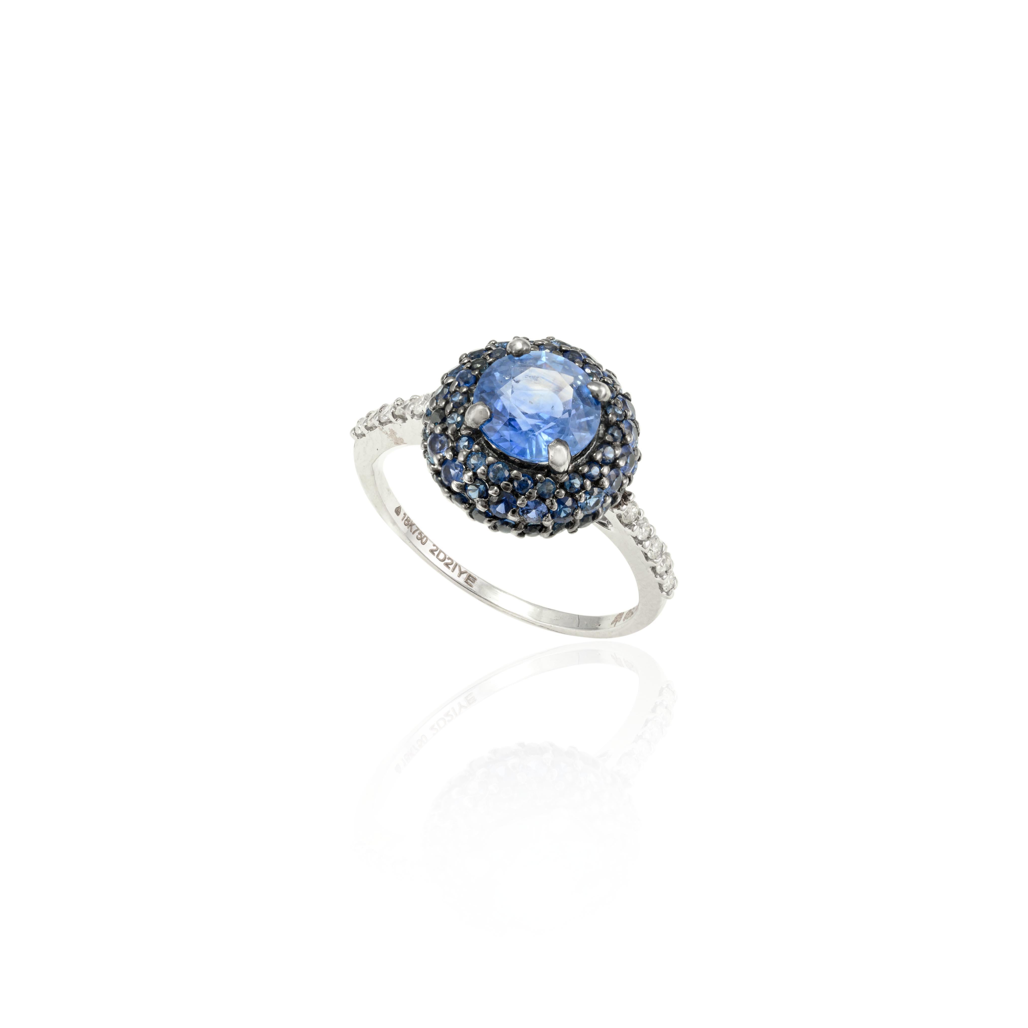 For Sale:  2.58 Ct Round Pave Blue Sapphire Ring in 18k Solid White Gold with Diamonds 2