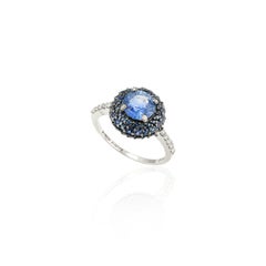 2.58 Ct Round Pave Blue Sapphire Ring in 18k Solid White Gold with Diamonds