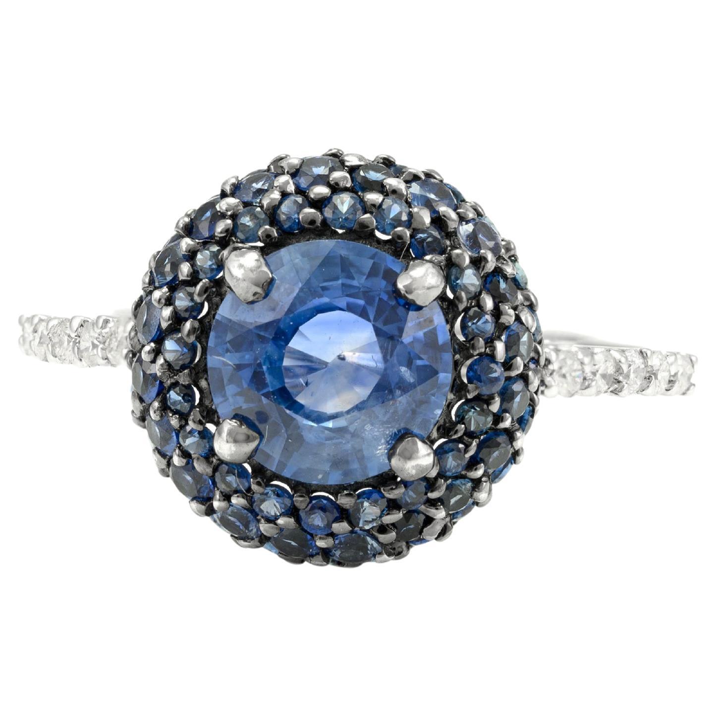 For Sale:  2.58 Ct Round Pave Blue Sapphire Ring in 18k Solid White Gold with Diamonds