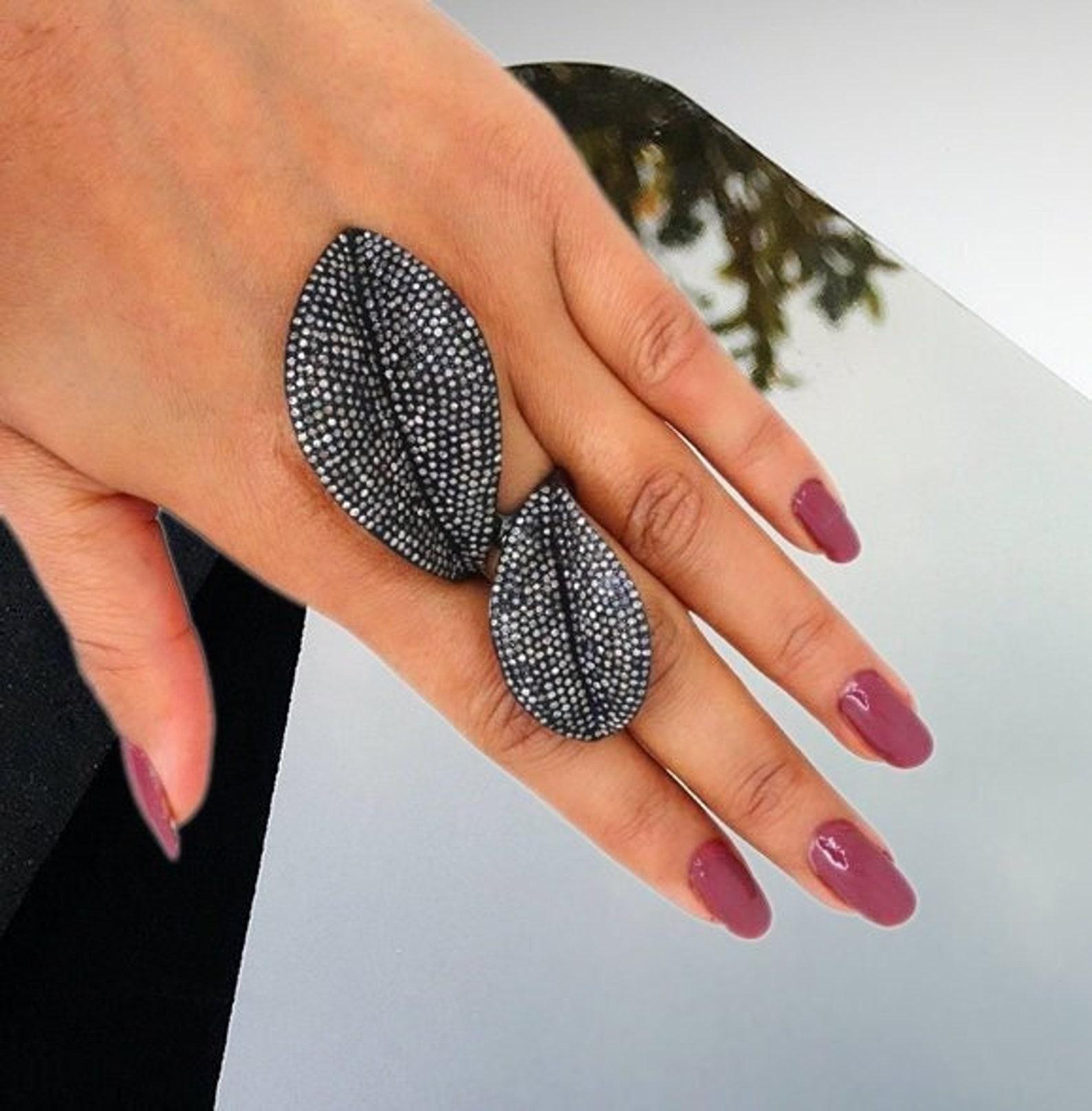 Art Deco Natural Pave Diamond 925 Sterling Silver Leaf Full Finger Shaped Ring Jewellery For Sale