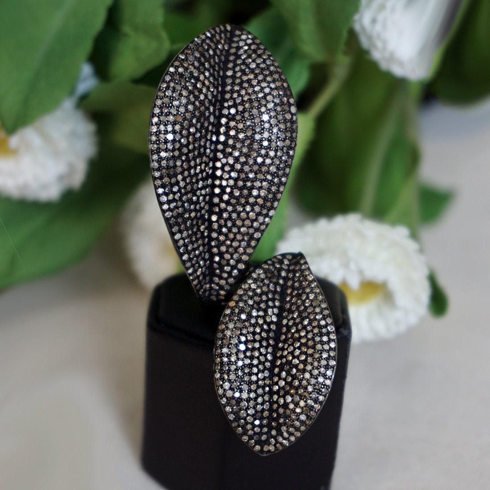 Natural Pave Diamond 925 Sterling Silver Leaf Full Finger Shaped Ring Jewellery For Sale 1