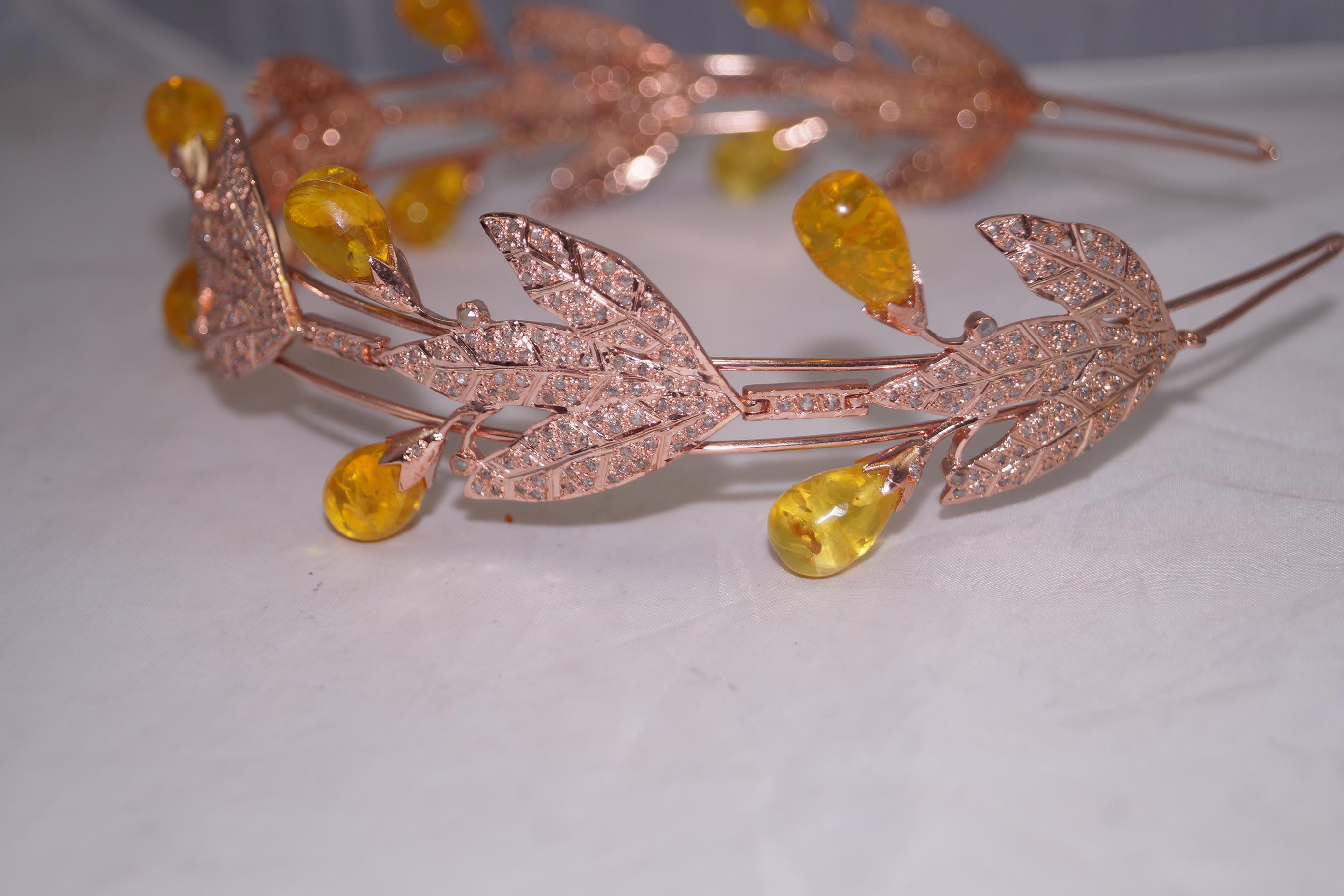 Natural Pave diamond Amber 925 sterling silver convertible necklace and tiara For Sale 4