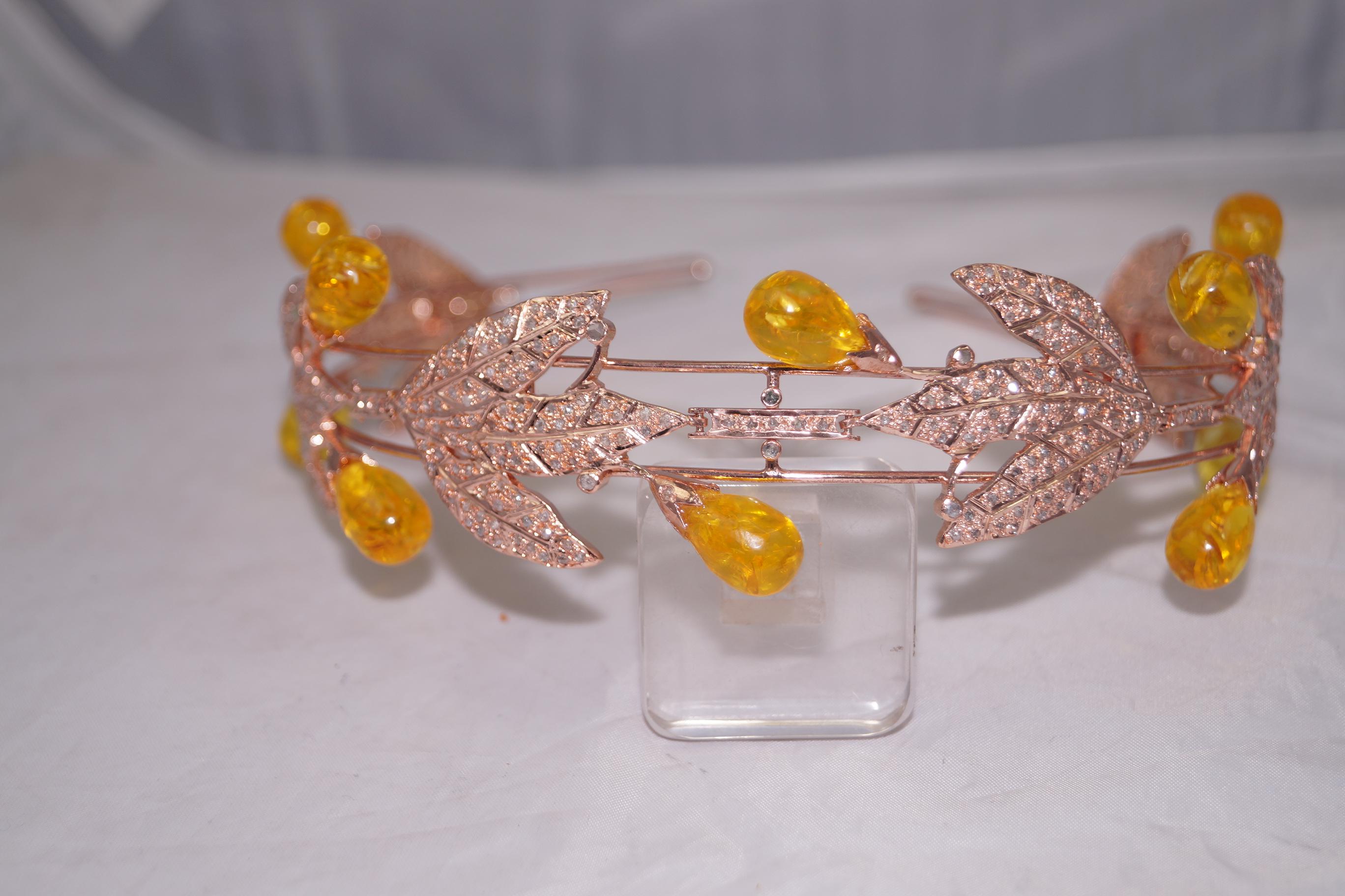 Natural Pave diamond Amber 925 sterling silver convertible necklace and tiara For Sale 5