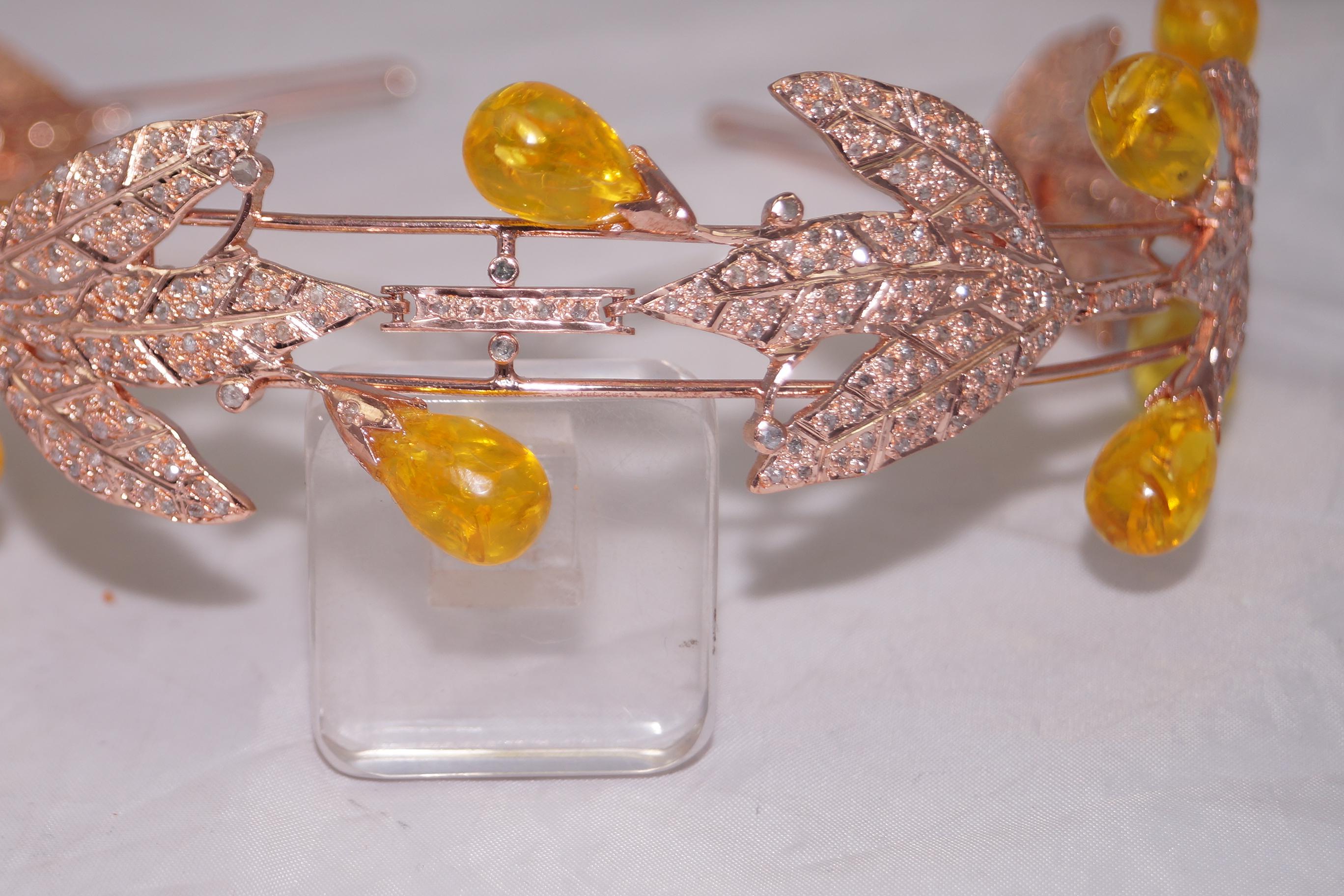 Natural Pave diamond Amber 925 sterling silver convertible necklace and tiara For Sale 6