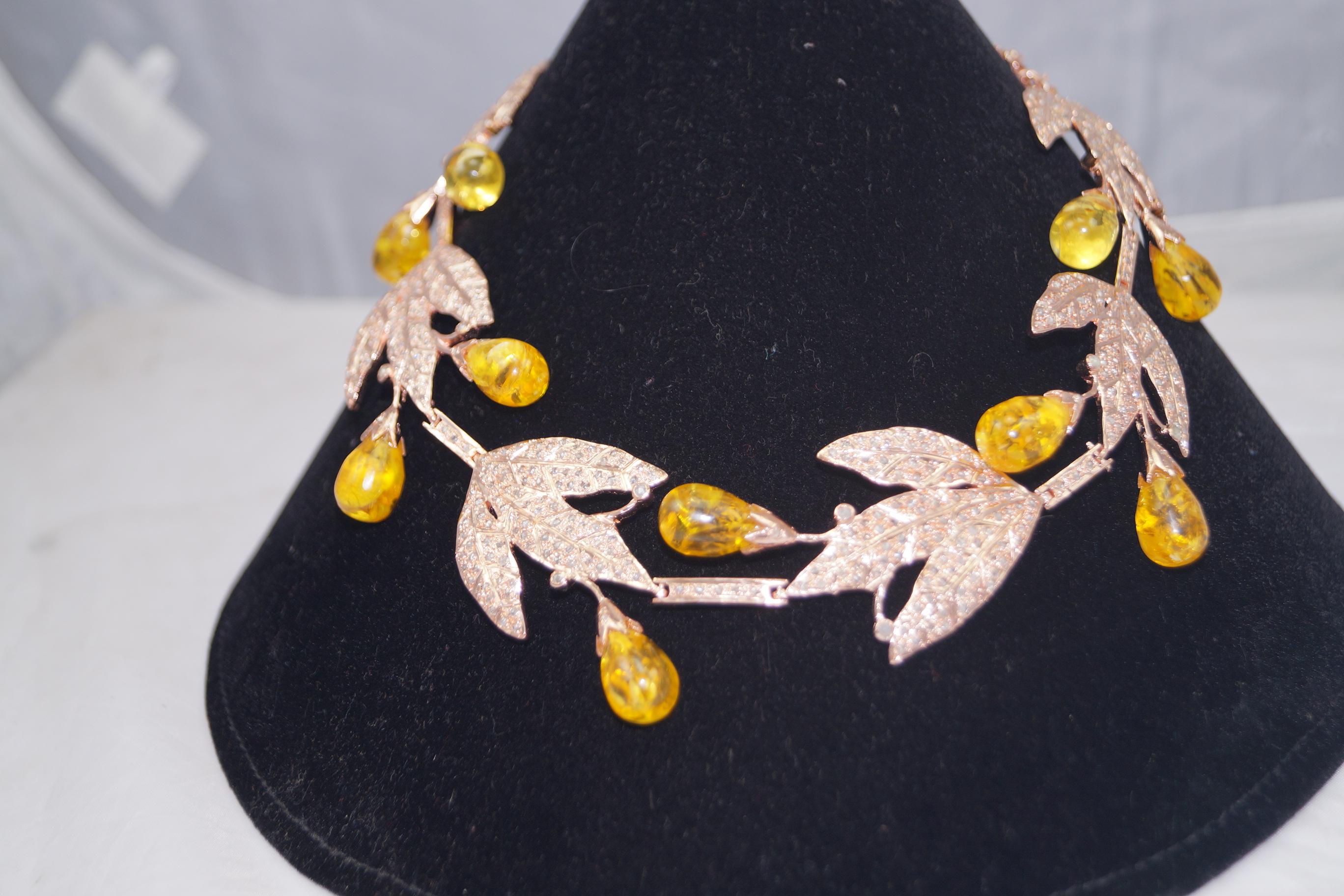 Natural Pave diamond Amber 925 sterling silver convertible necklace and tiara For Sale 8