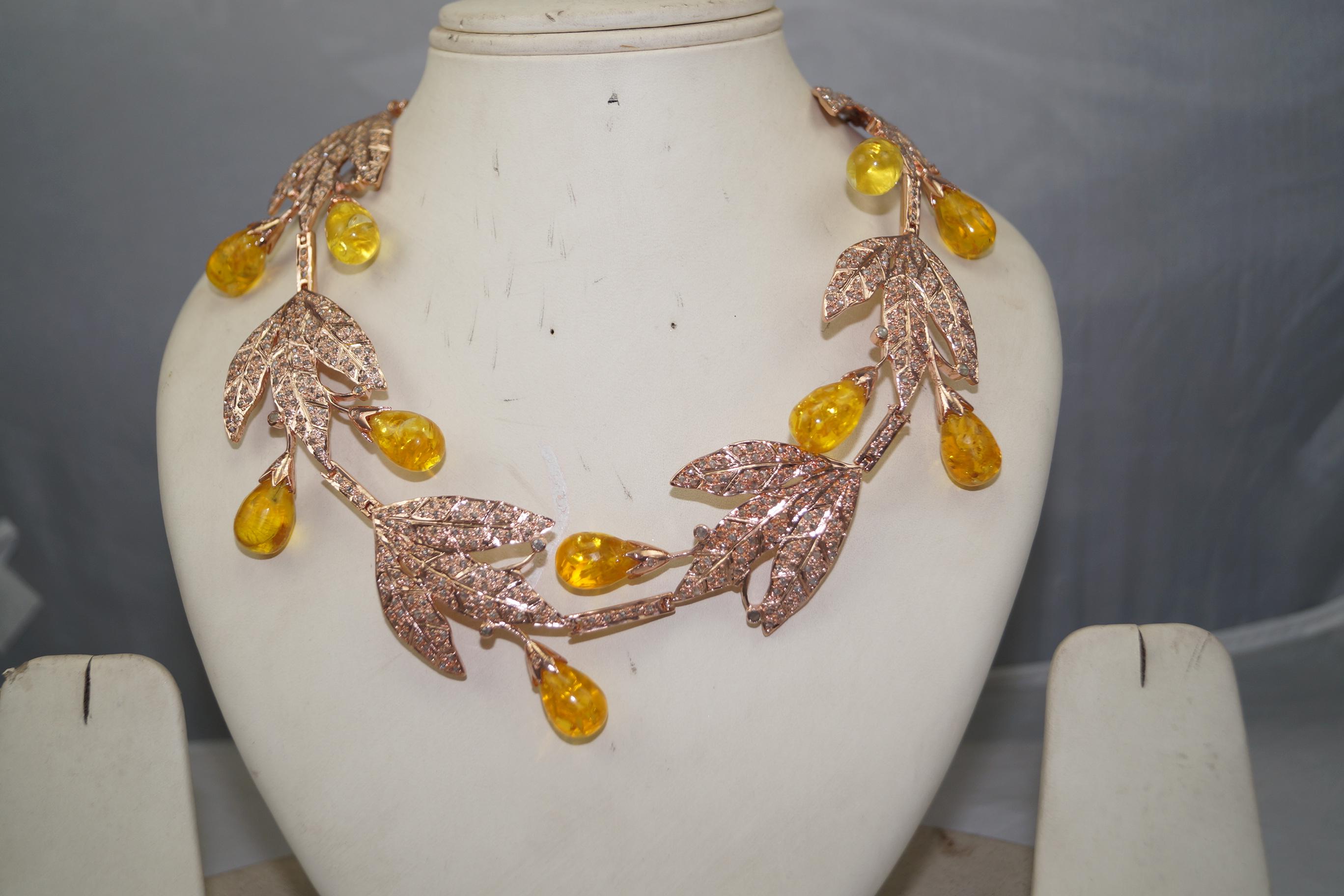 Art Nouveau Natural Pave diamond Amber 925 sterling silver convertible necklace and tiara For Sale