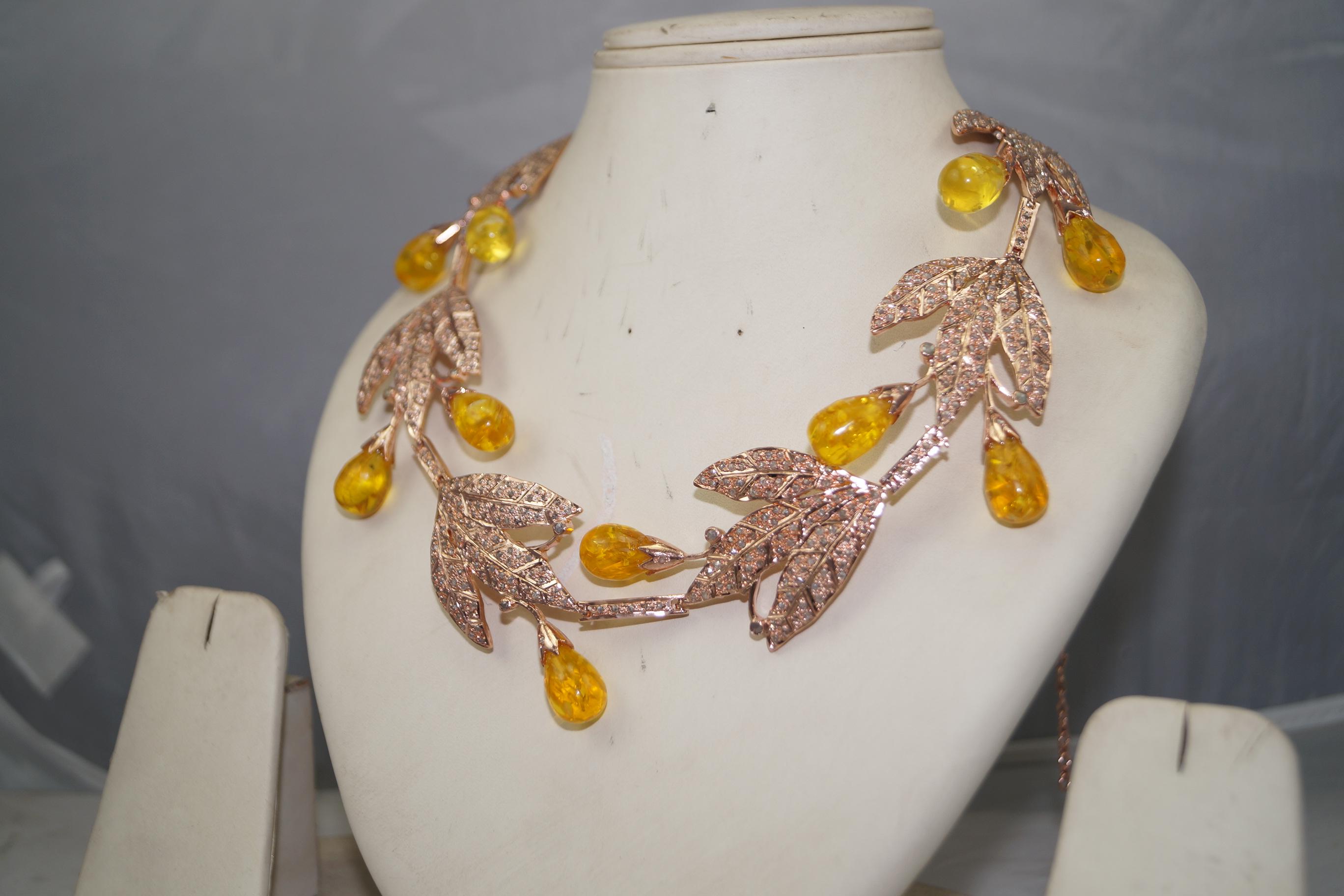 Rough Cut Natural Pave diamond Amber 925 sterling silver convertible necklace and tiara For Sale