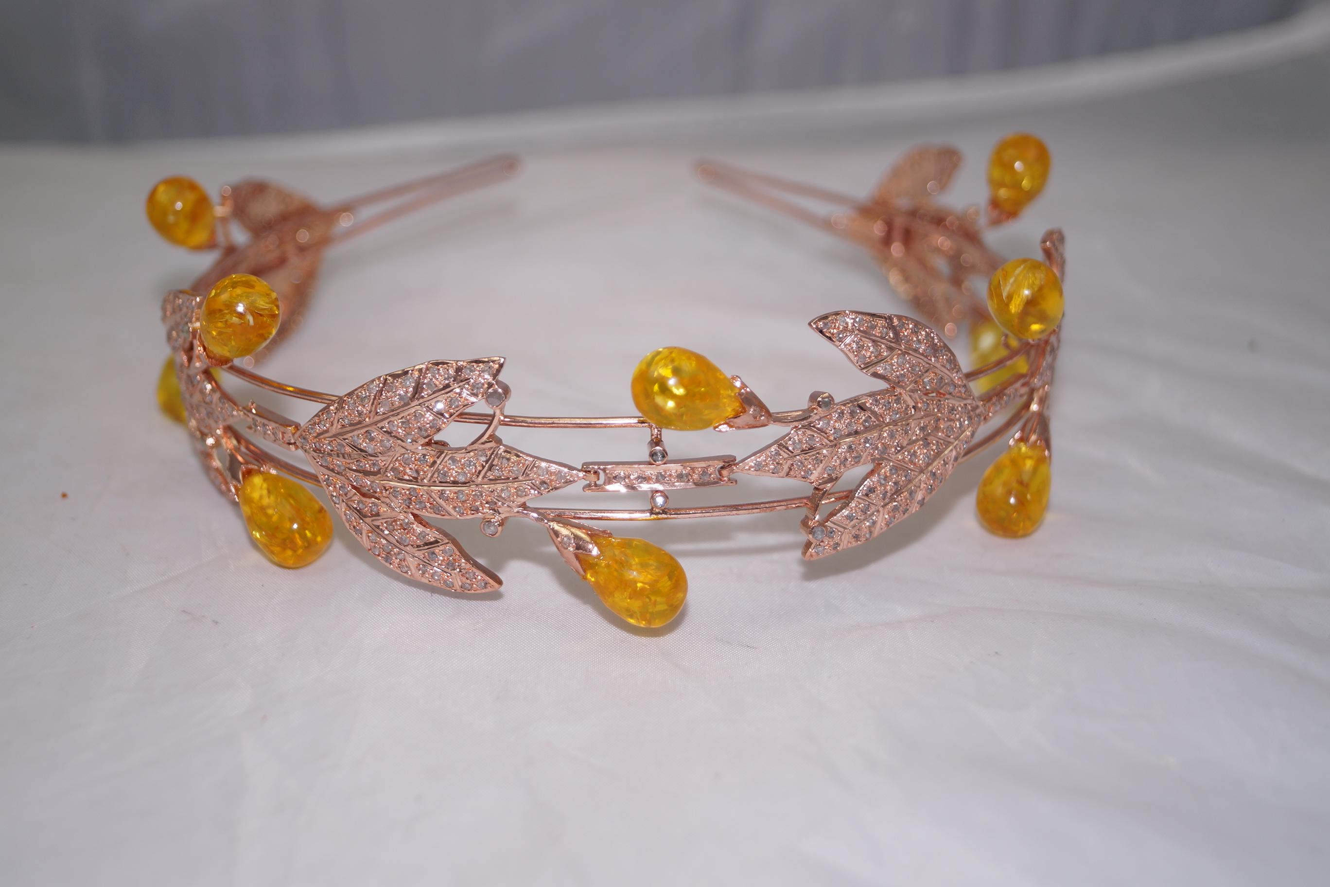 Natural Pave diamond Amber 925 sterling silver convertible necklace and tiara For Sale 1