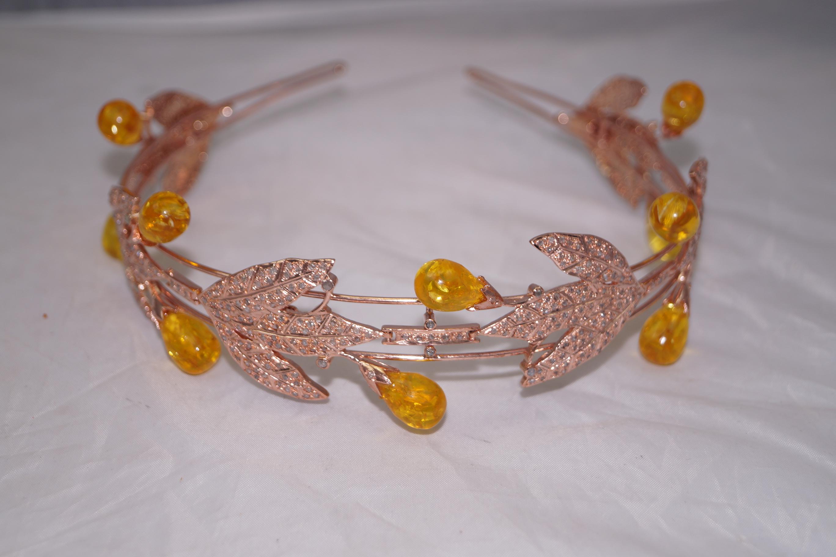 Natural Pave diamond Amber 925 sterling silver convertible necklace and tiara For Sale 2
