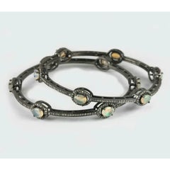 Natural Pave Diamond Bangle 925 Silver Ethiopian Opal Bracelet