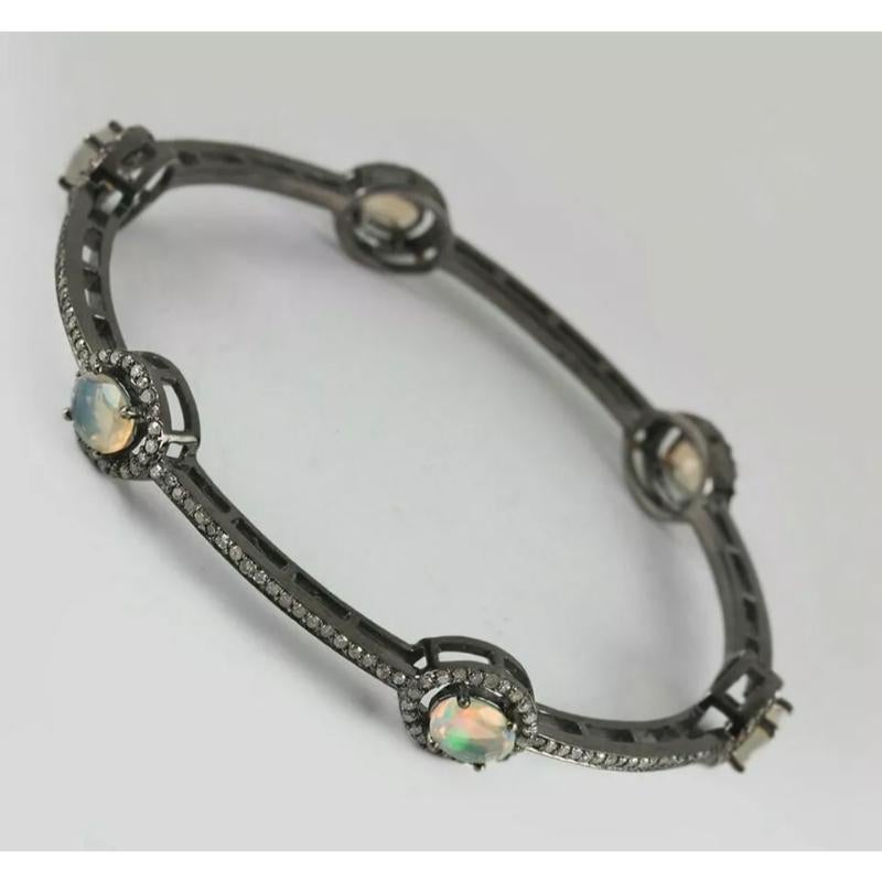 Natural Pave Diamond Bangle 925 Silver Ethiopian Opal Bracelet In New Condition For Sale In Chicago, IL