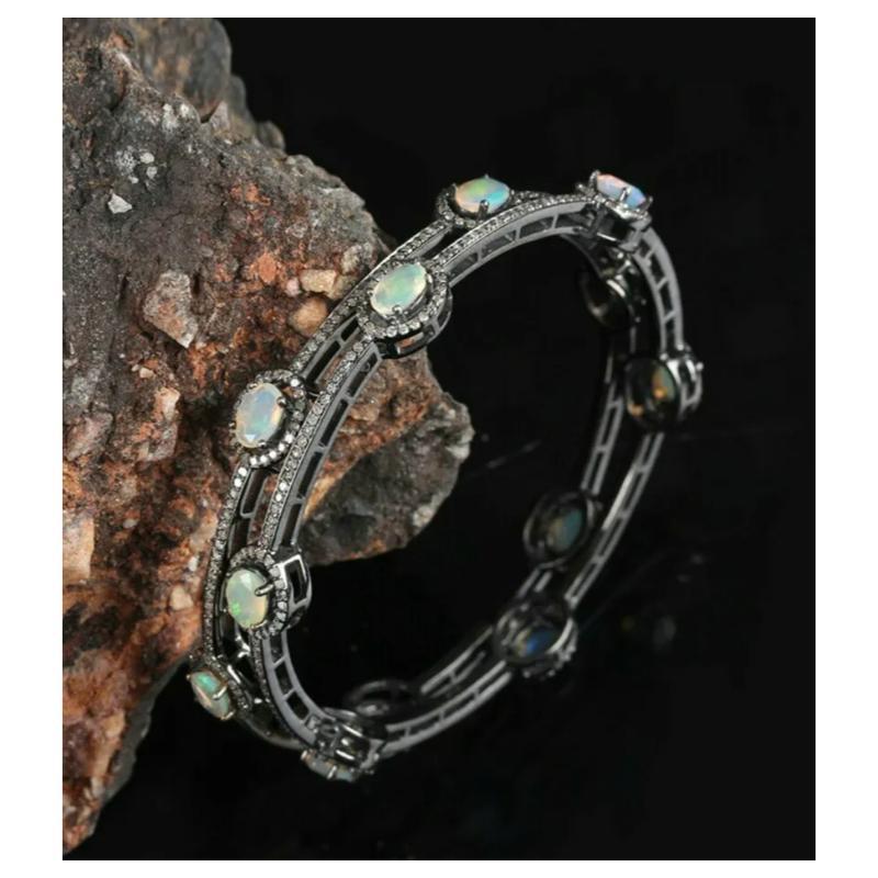 Women's Natural Pave Diamond Bangle 925 Silver Ethiopian Opal Bracelet For Sale