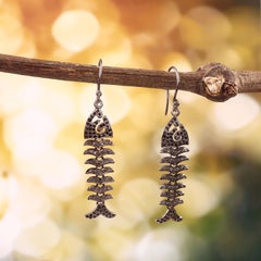 Natural pave diamond black sapphire oxidized fish fry dancing silver earrings