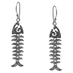 Natural pave diamond black sapphire oxidized fish fry dancing silver earrings