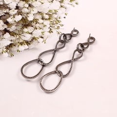 Natural pave diamond Black sapphire oxidized sterling silver dangler earrings