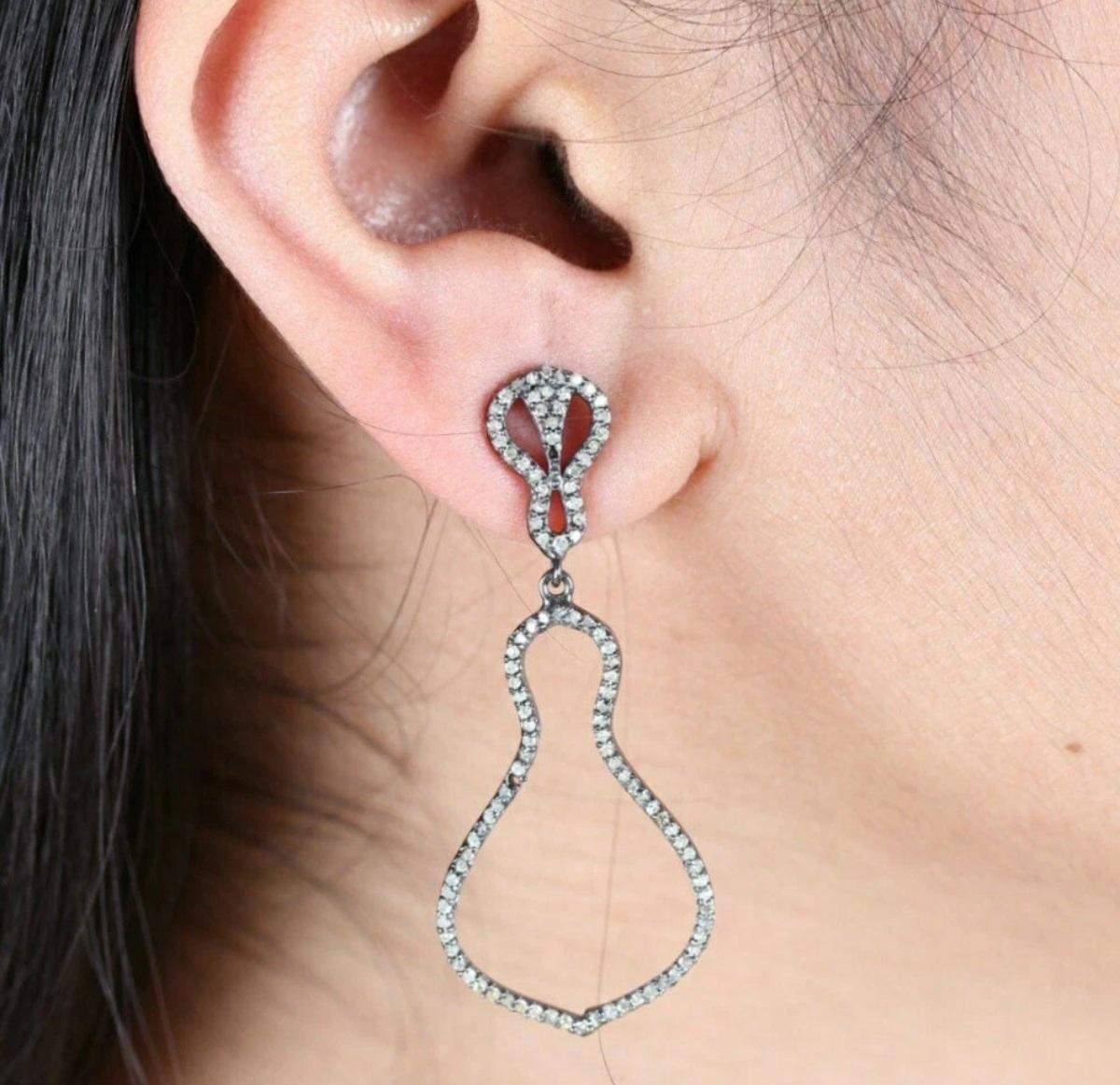 Pendiente colgante de diamante pavé natural Estilo vintage Pendiente de plata de ley 925. en Nuevo estado para la venta en Chicago, IL