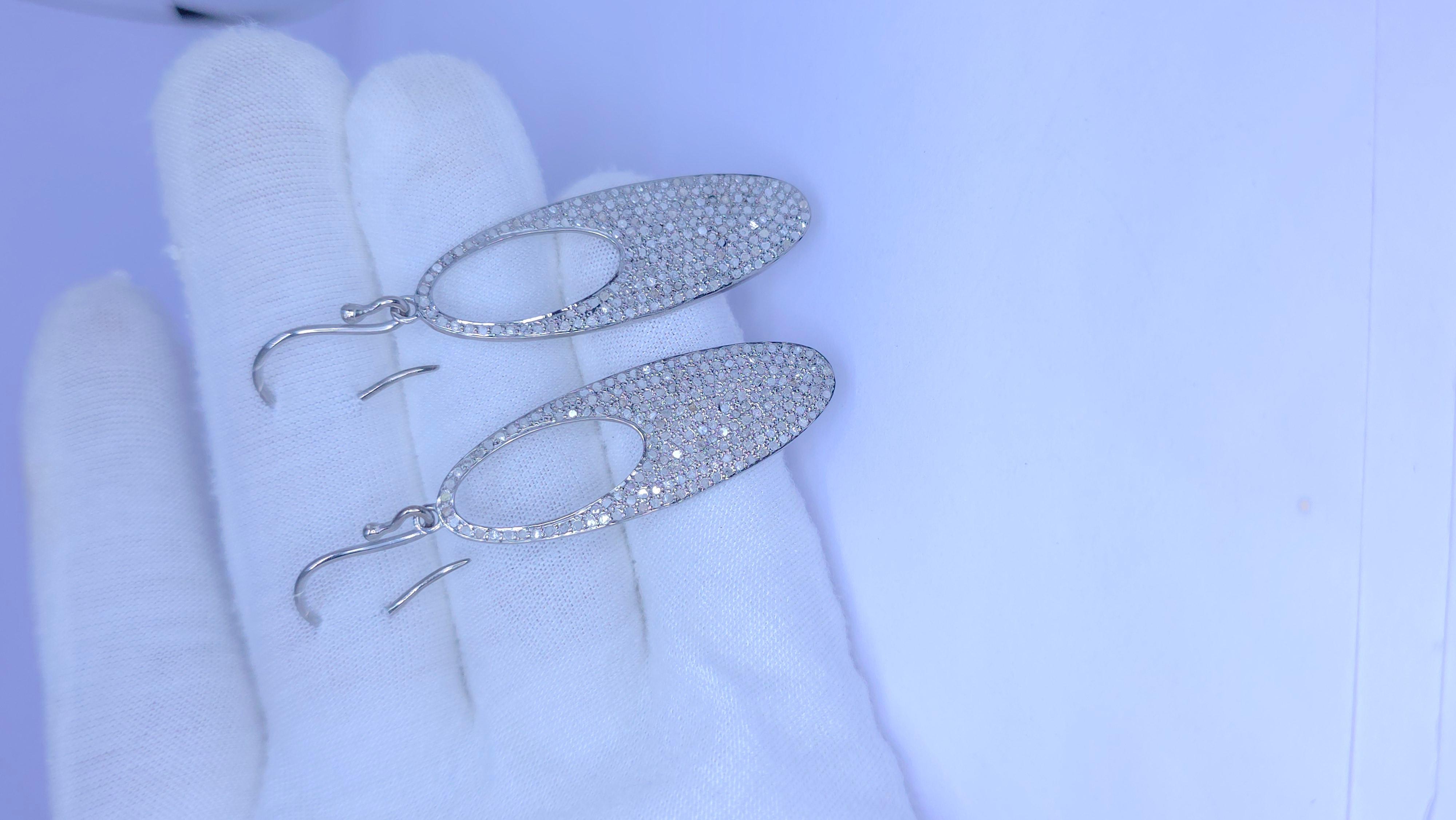 Pendiente de gancho francés de plata 925 con diamante natural pavé de diseño. en venta 14