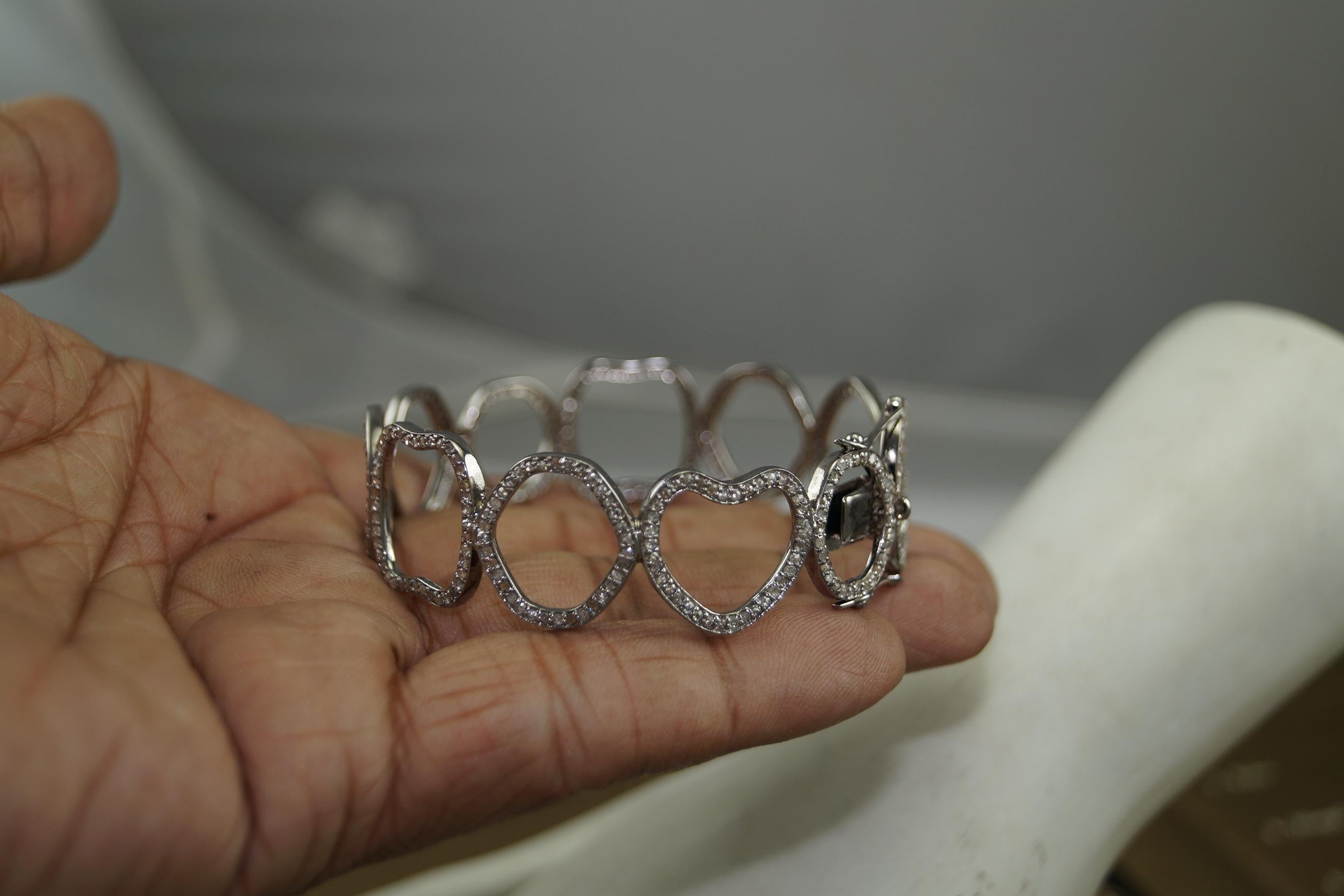 Natural pave diamond designer oxidized sterling silver bracelet For Sale 6