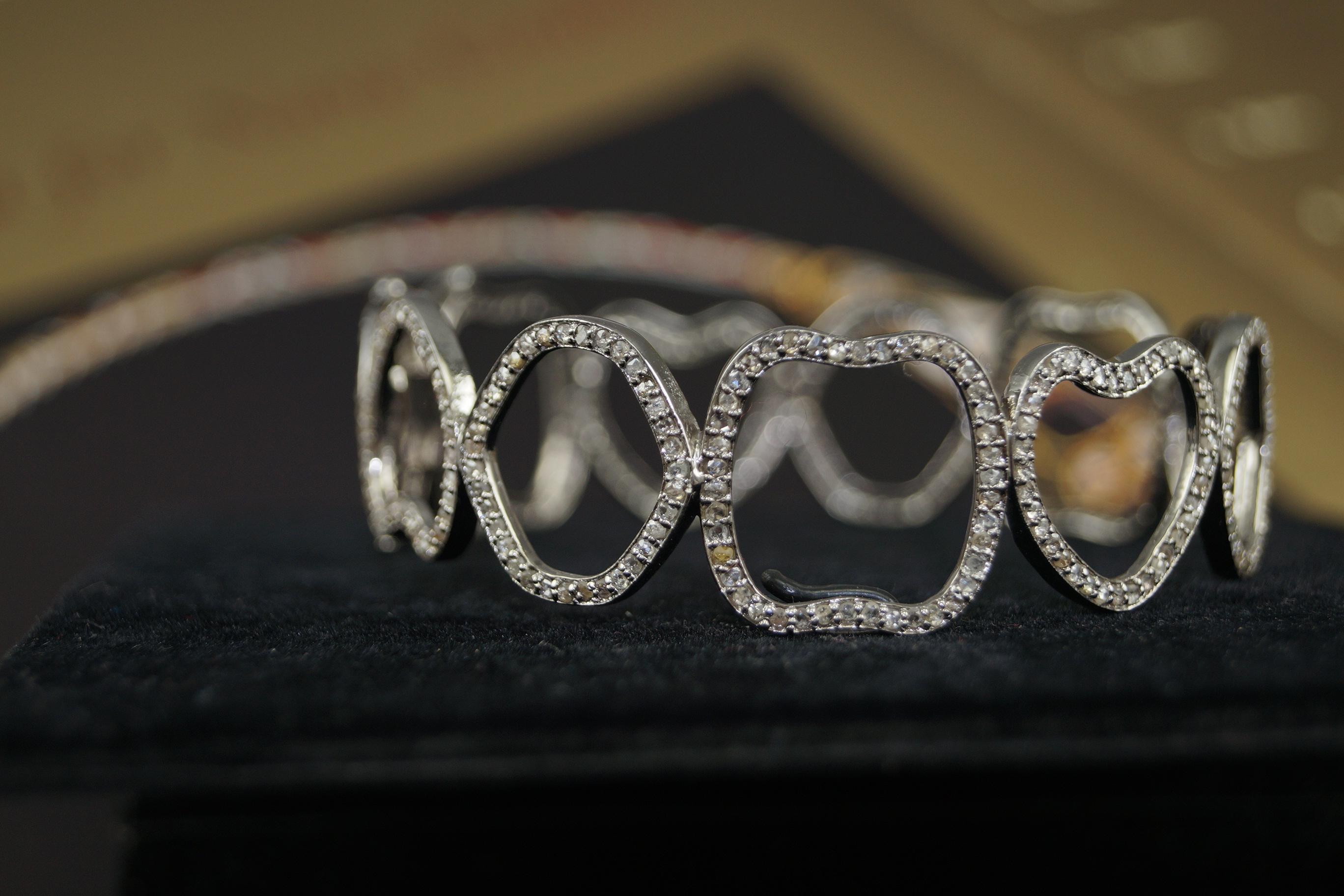 Art Nouveau Natural pave diamond designer oxidized sterling silver bracelet For Sale