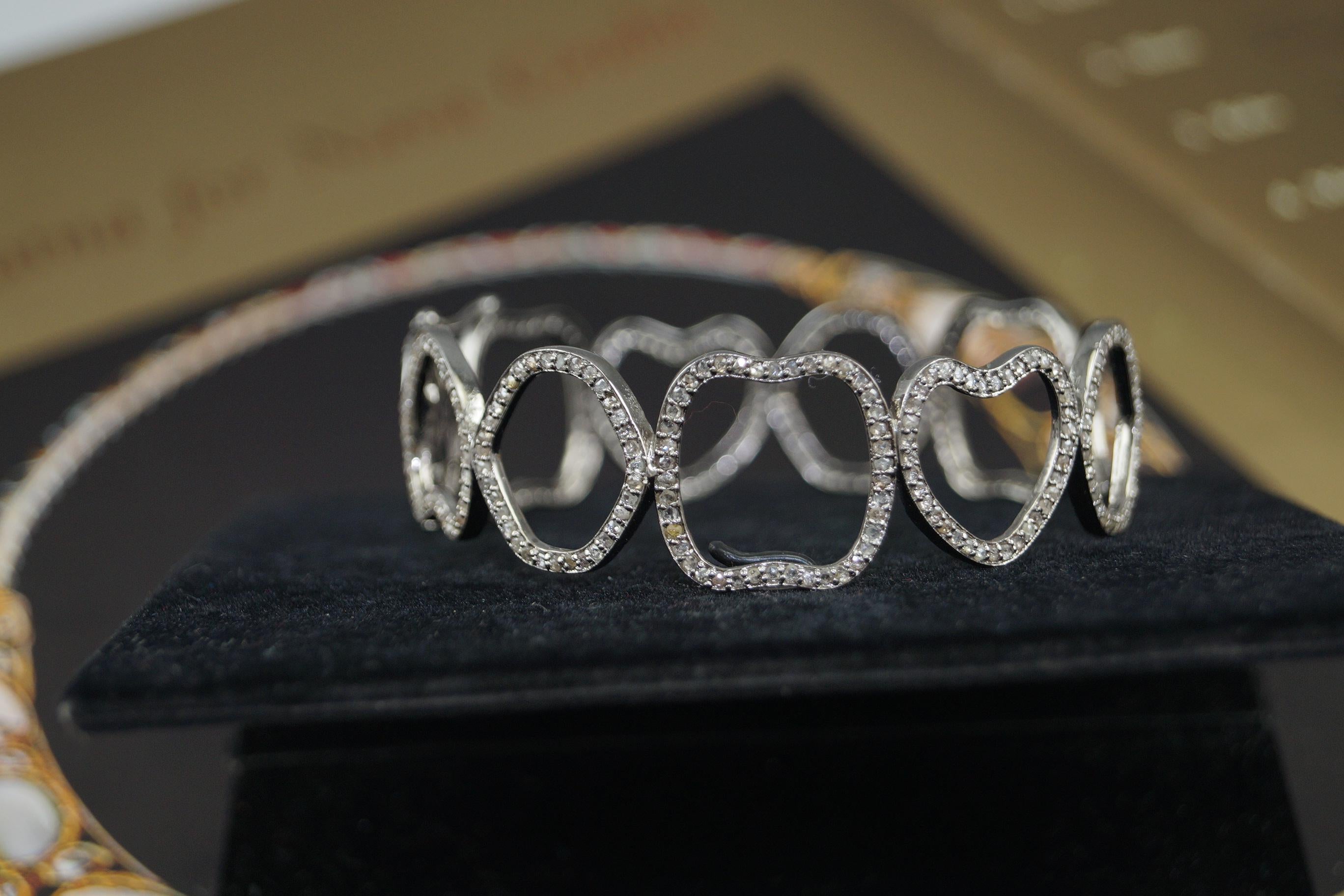 Women's or Men's Natural pave diamond designer oxidized sterling silver bracelet For Sale