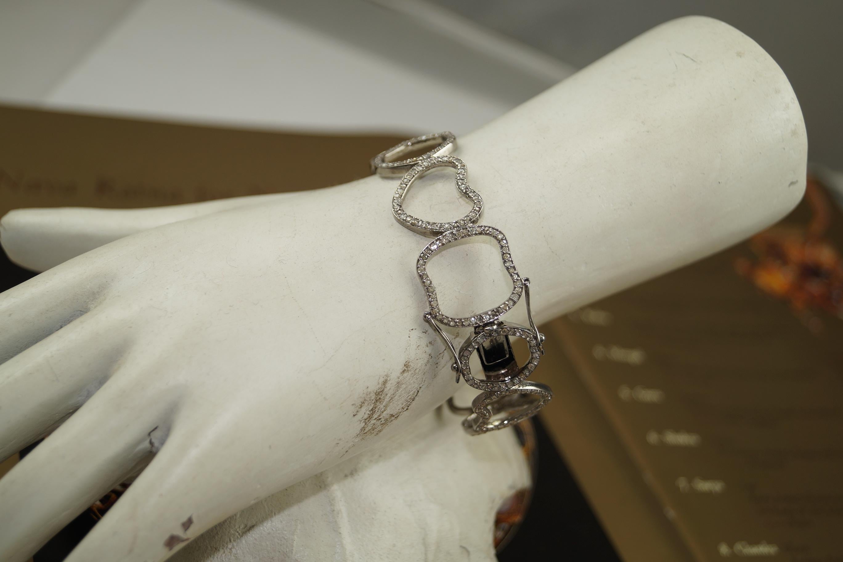 Natural pave diamond designer oxidized sterling silver bracelet For Sale 2