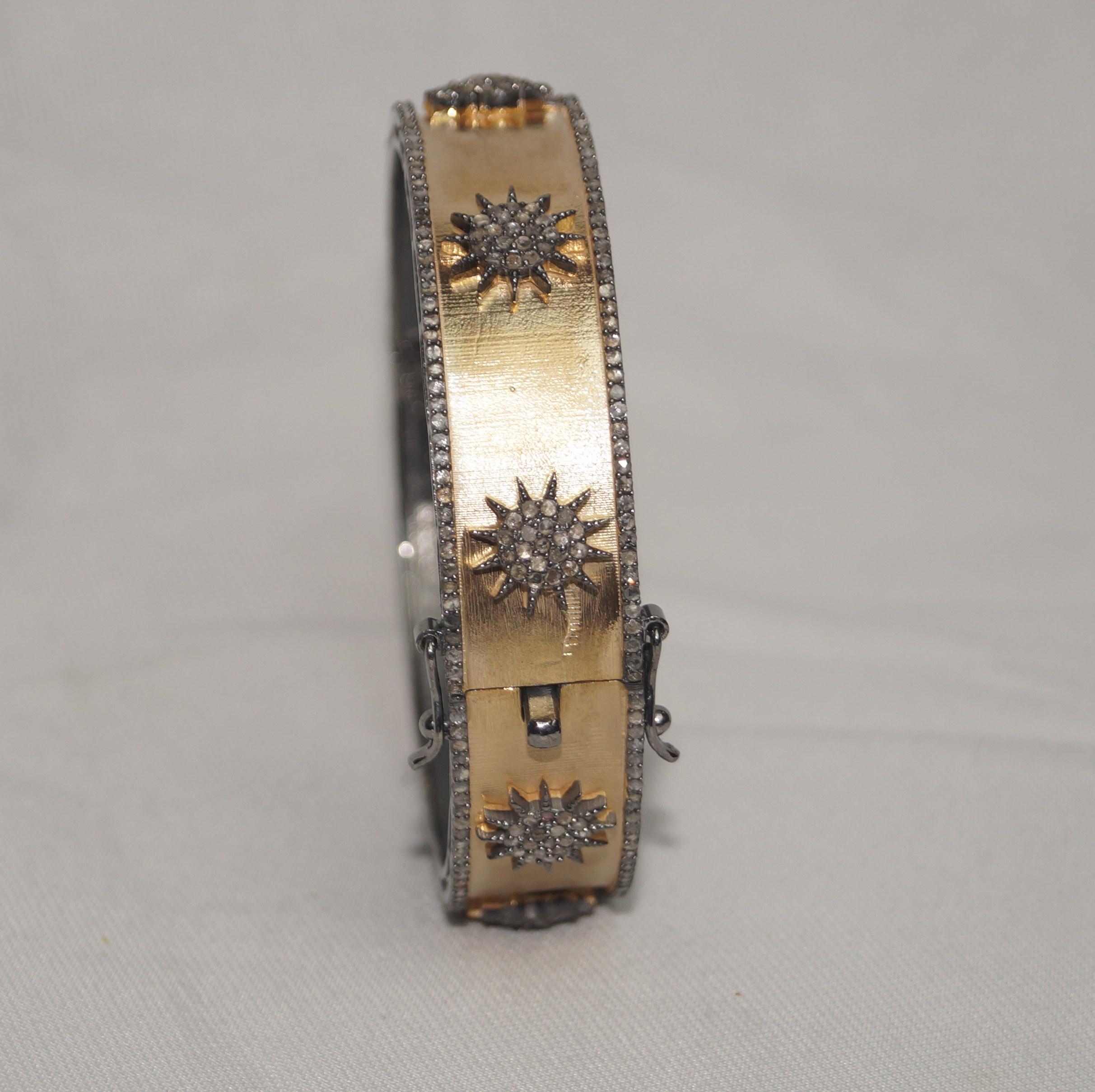 Art nouveau Bracelet étoile en argent sterling oxydé, or rose et diamants pavés naturels Dual tone en vente