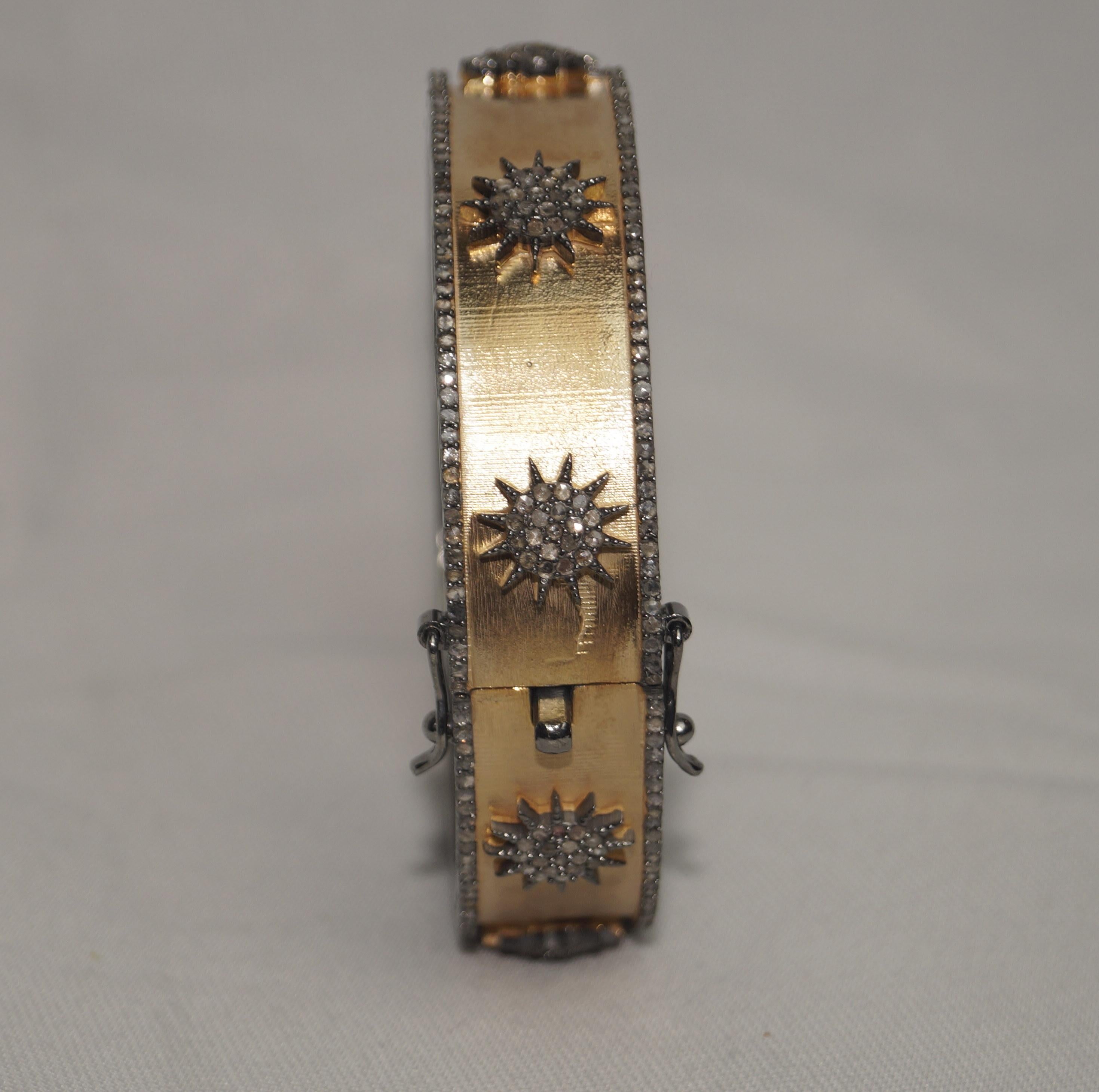 Natürlicher Pave-Diamant Dual Ton Rose Gold oxidiert Sterling Silber Stern Armband (Rosenschliff) im Angebot