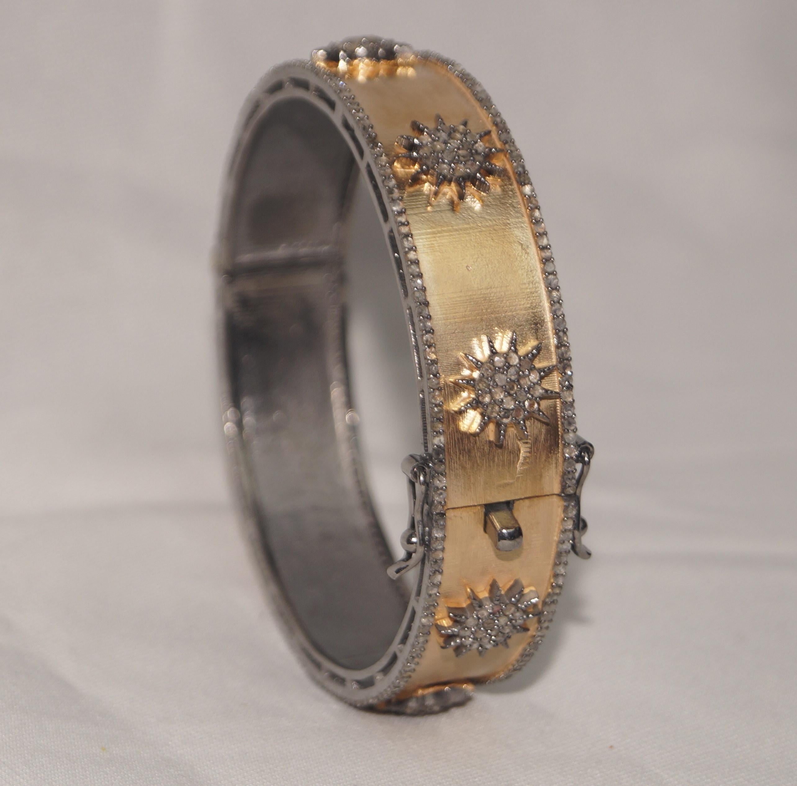 Bracelet étoile en argent sterling oxydé, or rose et diamants pavés naturels Dual tone en vente 2
