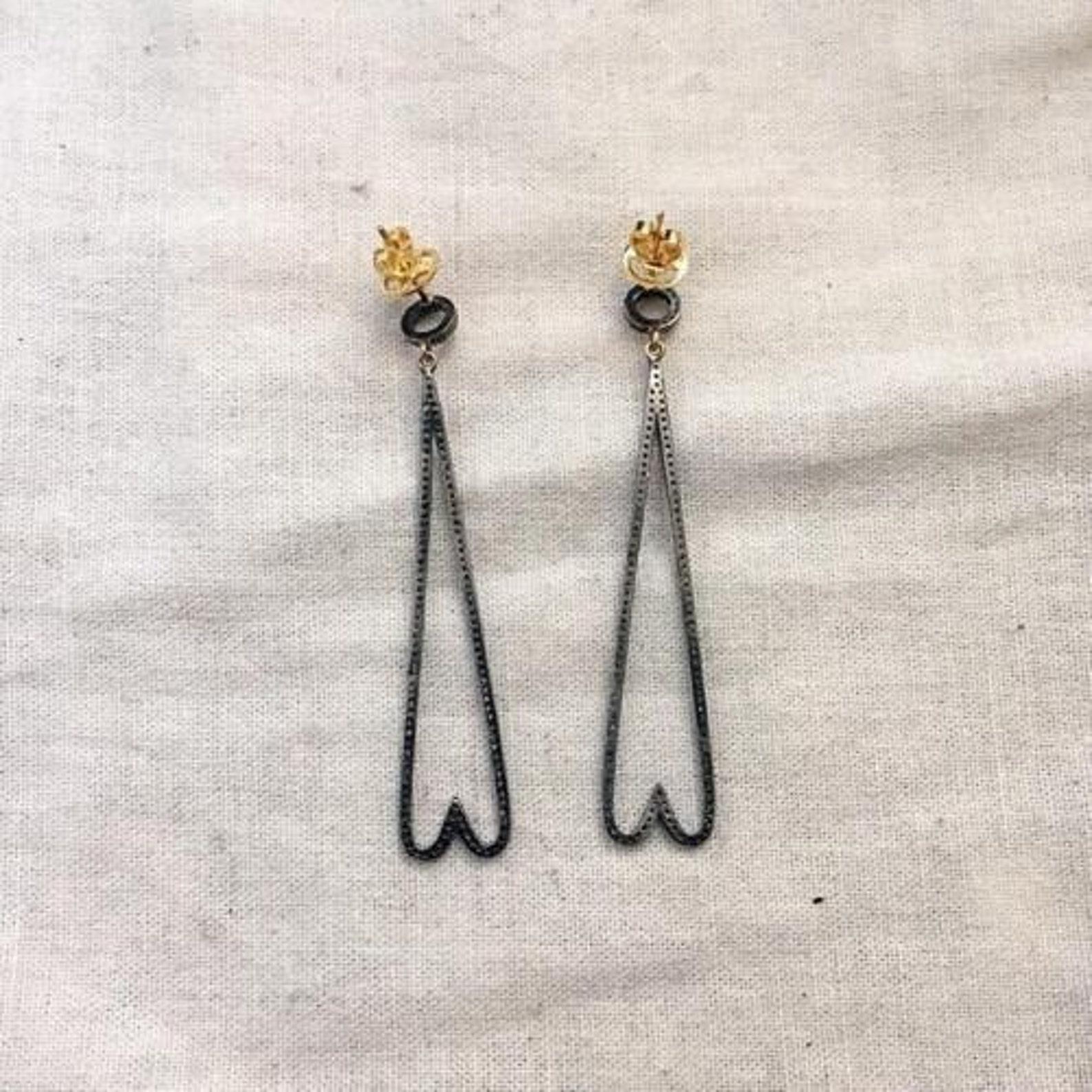 Art Deco Natural Pave Diamond Earrings 925 Sterling Silver Handmade Dangle Drop Earring . For Sale