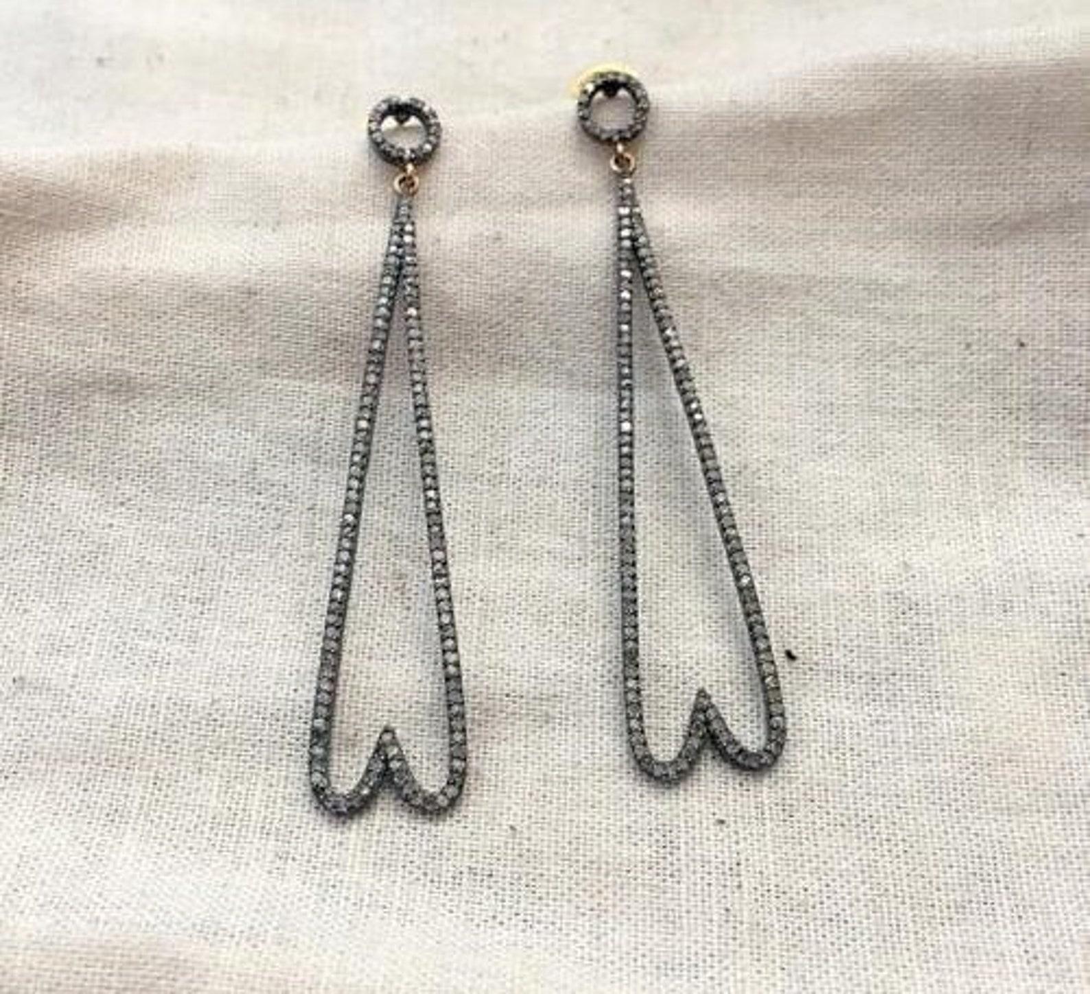 Natural Pave Diamond Earrings 925 Sterling Silver Handmade Dangle Drop Earring . For Sale 1