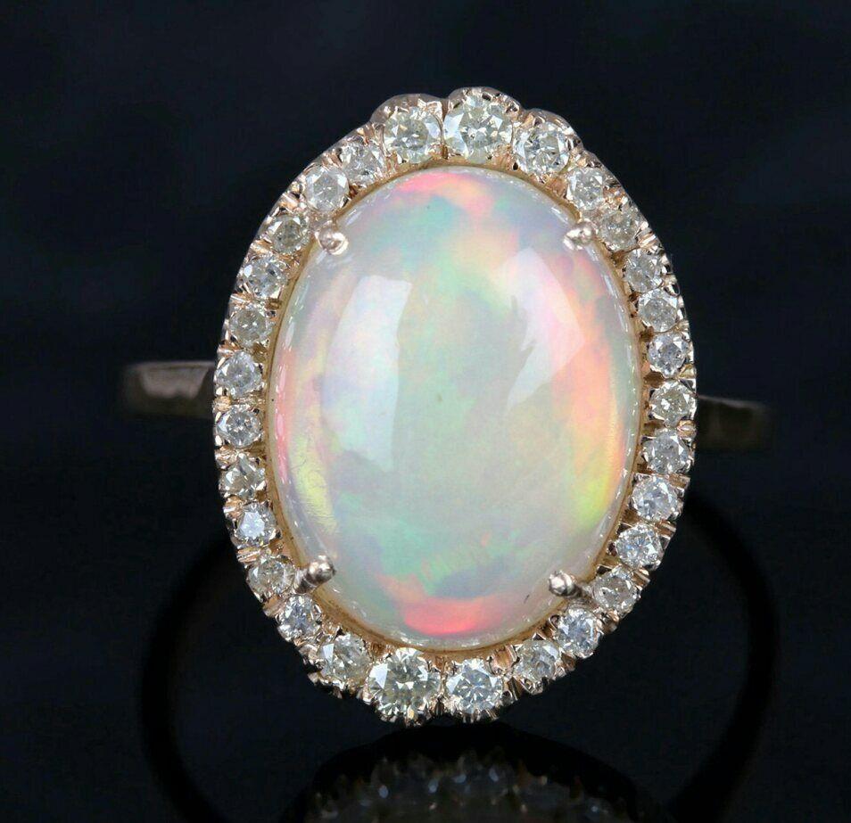 Natural Pave Diamond Ethiopian Opal Gemstone Cocktail Ring 14k Gold HandmadeRing For Sale 4
